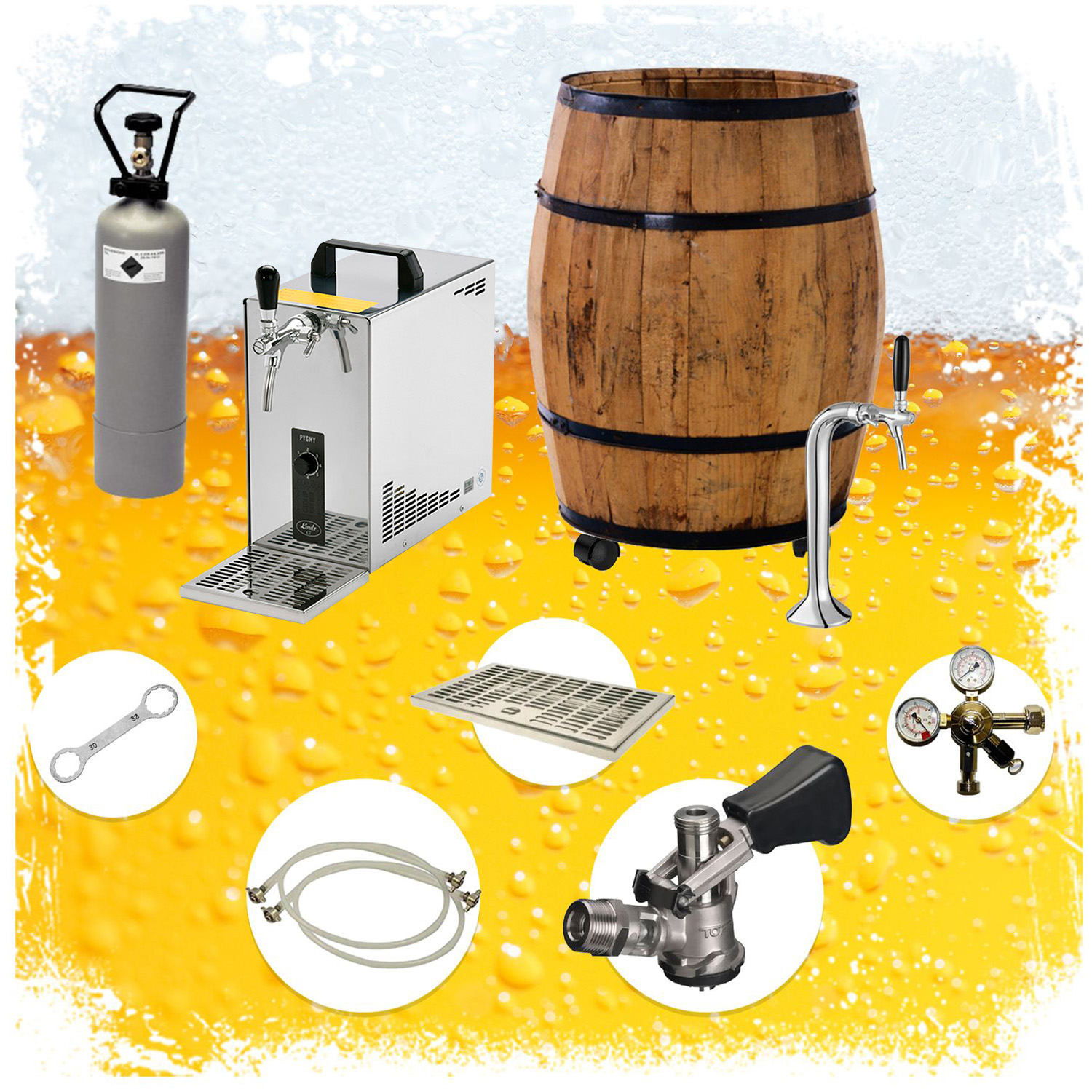 Ein Bierbrausetup mit Fass, Zapfhahn und weiterer Ausrüstung. Gelber Hintergrund.
