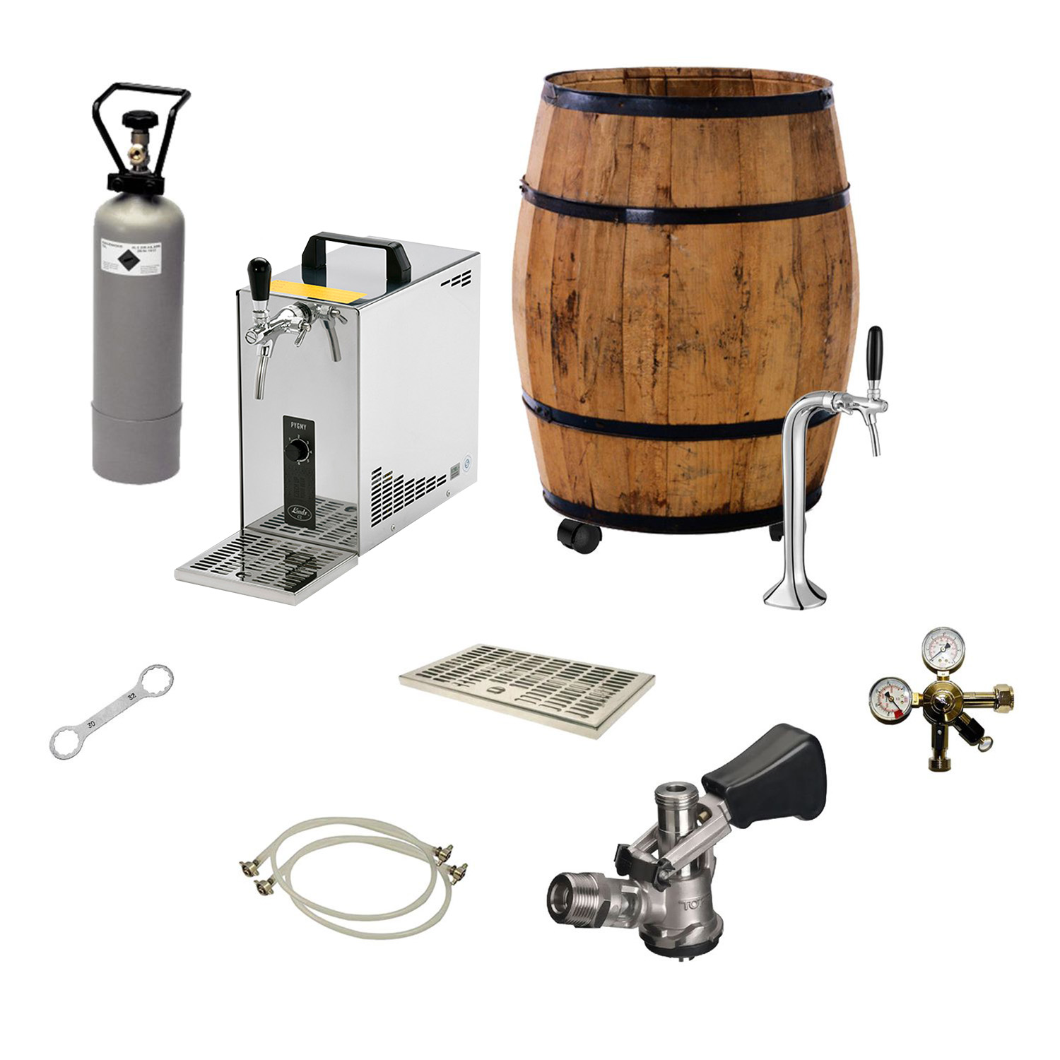 Bierzapfanlage: Fass, Zapfhahn, Gasflasche, Kühler, Abtropfschale, Regler und Werkzeuge.