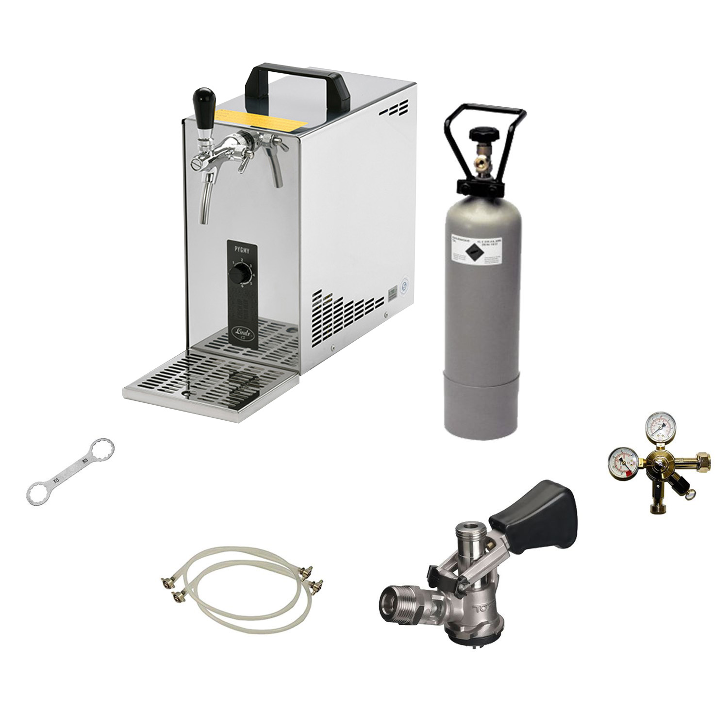 Roestvrijstalen tap voor bier, een CO2-tank en andere bier-gerelateerde apparatuur op een witte achtergrond.