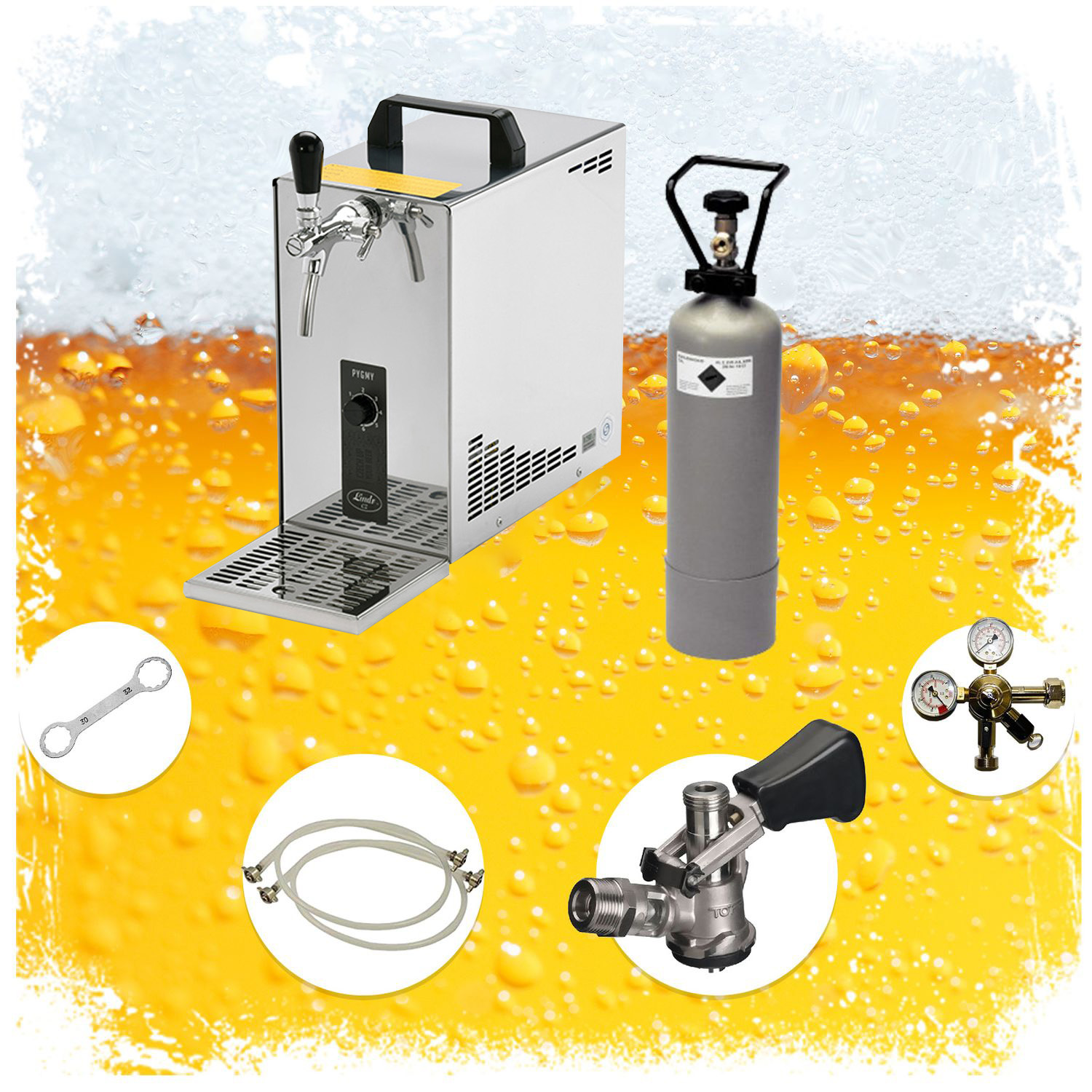 Een biertapsysteem met tap, CO2-tank, regelaar, slangen en een moersleutel, tegen een waterige achtergrond.