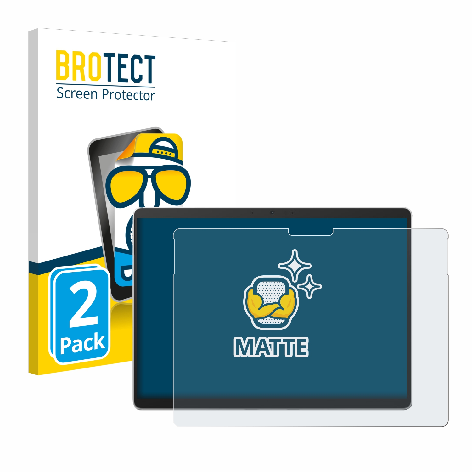 Tablet mit Displayschutz. Brotect-Box links, Tablet mit matter Schutzfolie rechts.