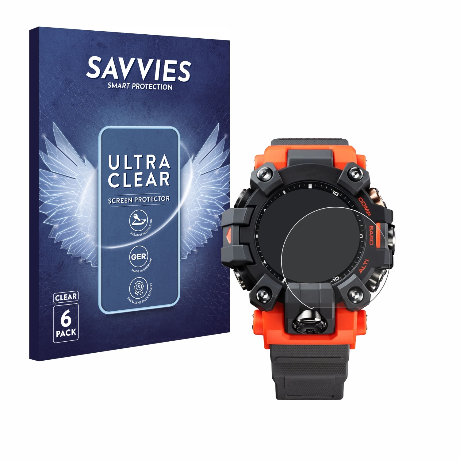 Eine Smartwatch und eine Displayschutzfolienbox. Die Uhr ist schwarz und orange. Auf der Box steht 'Ultra Clear'.