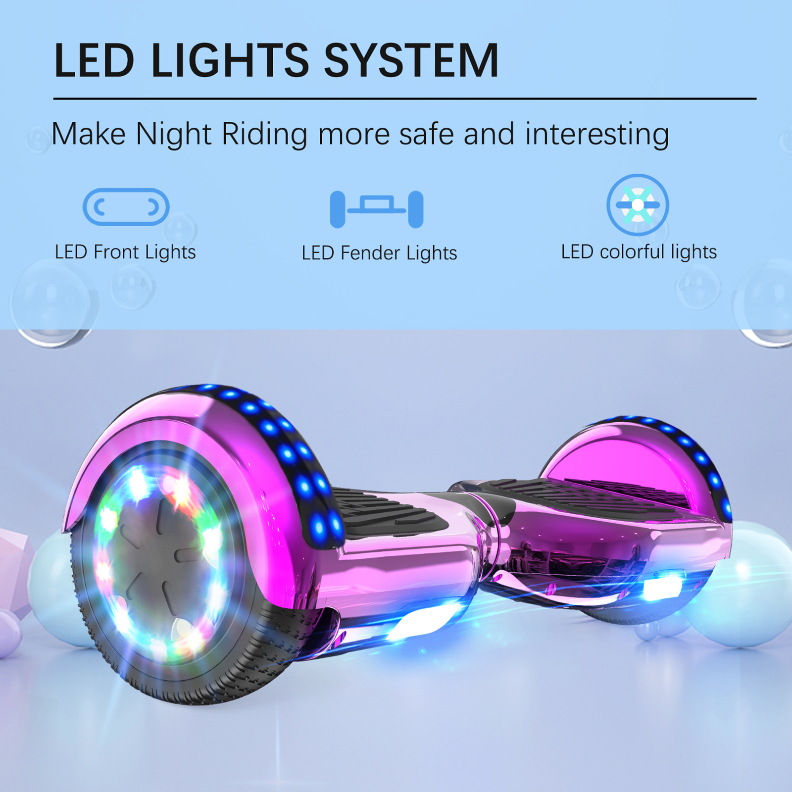 Pinkes Hoverboard mit LED-Leuchten, Text: LED LIGHTS SYSTEM. Grafik: LED Front-, Fender- und bunte Lichter.