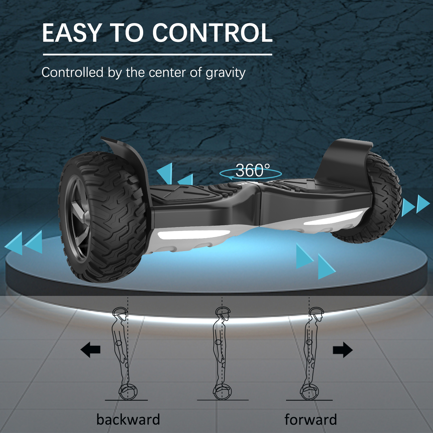 Un hoverboard blanco y negro con texto y flechas direccionales.