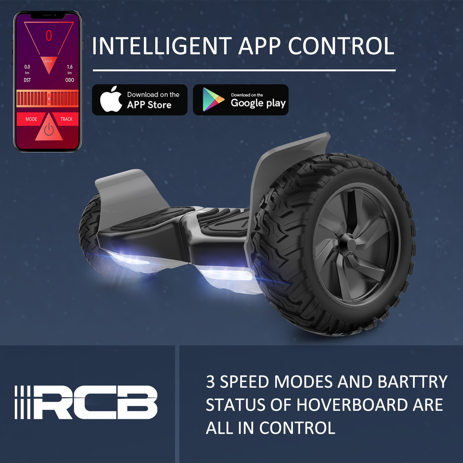 Un hoverboard con una rueda y una interfaz de aplicación para teléfono inteligente. El logotipo es RCB.