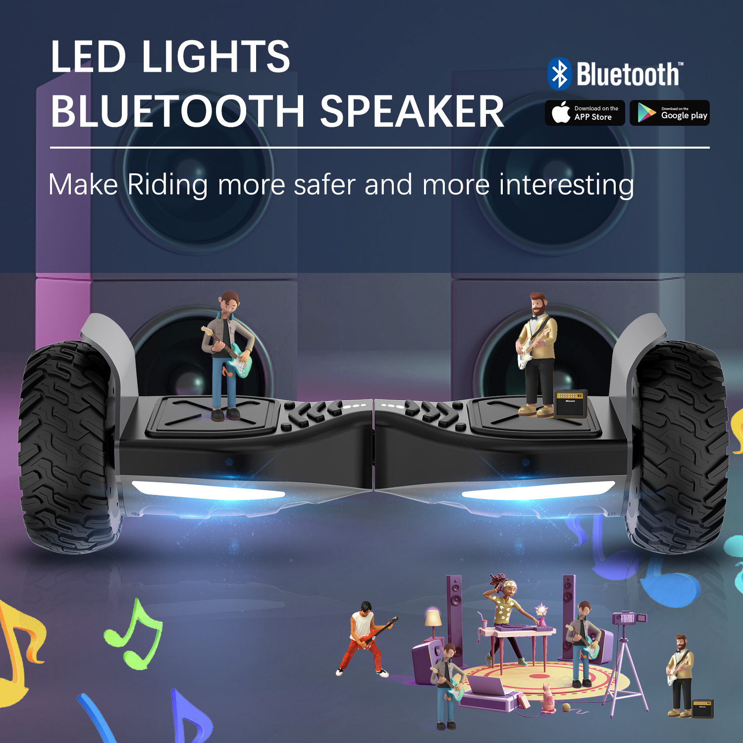 Hoverboard con luces LED, altavoz Bluetooth y gente con instrumentos, fondo azul.