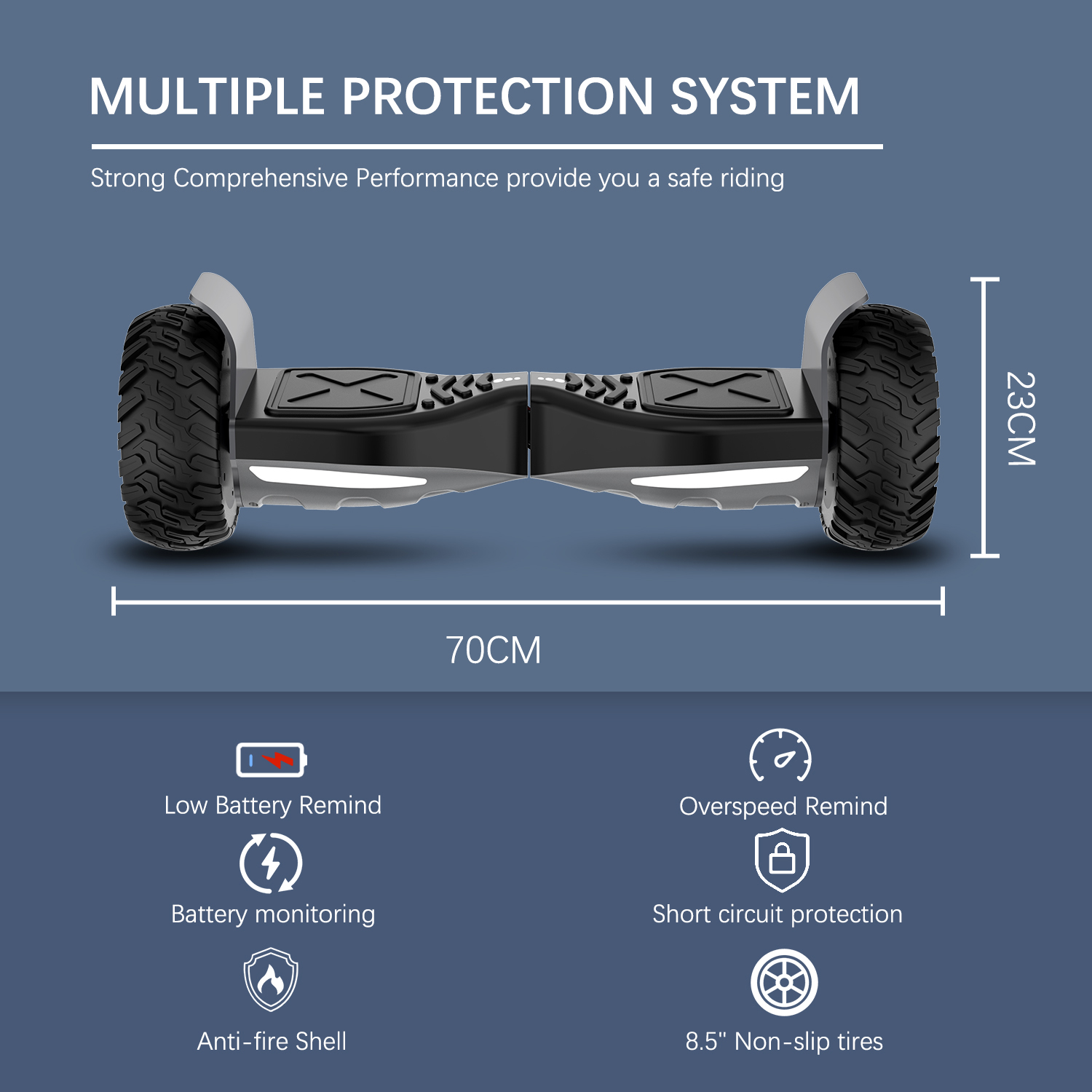 Un hoverboard negro y gris con etiquetas de dimensiones e iconos de seguridad. Fondo blanco.