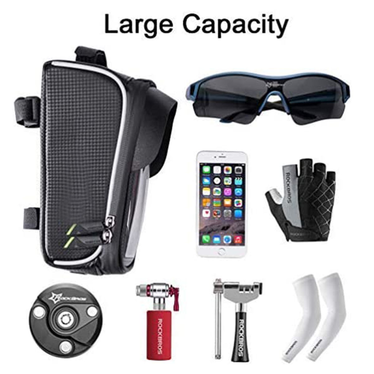 Verschiedenes Fahrradzubehör: eine Telefontasche, Sonnenbrille, ein Telefon, Handschuhe, eine Pumpe und Werkzeuge.