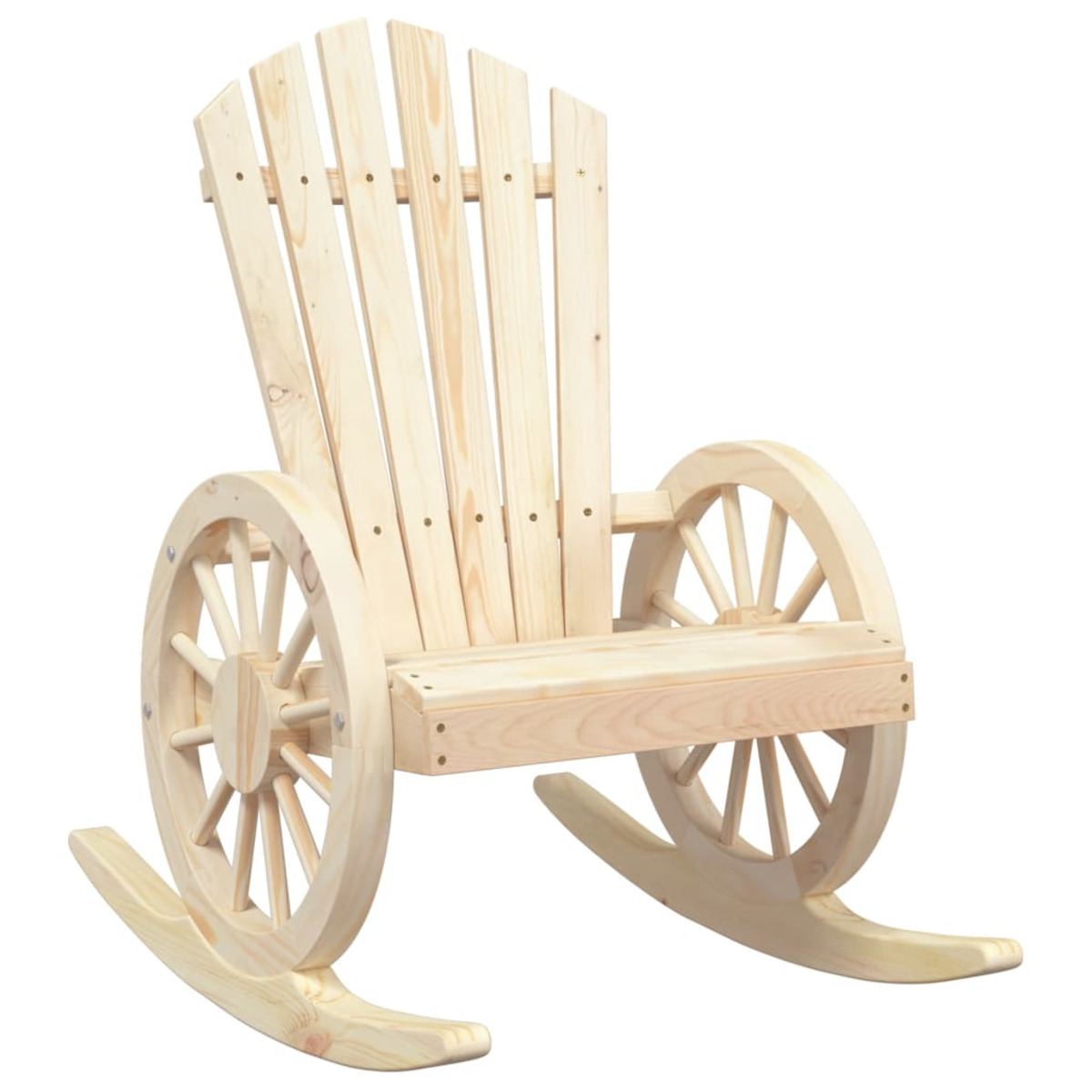 Schaukelstuhl aus Holz mit Wagenrad-Design auf weißem Hintergrund.