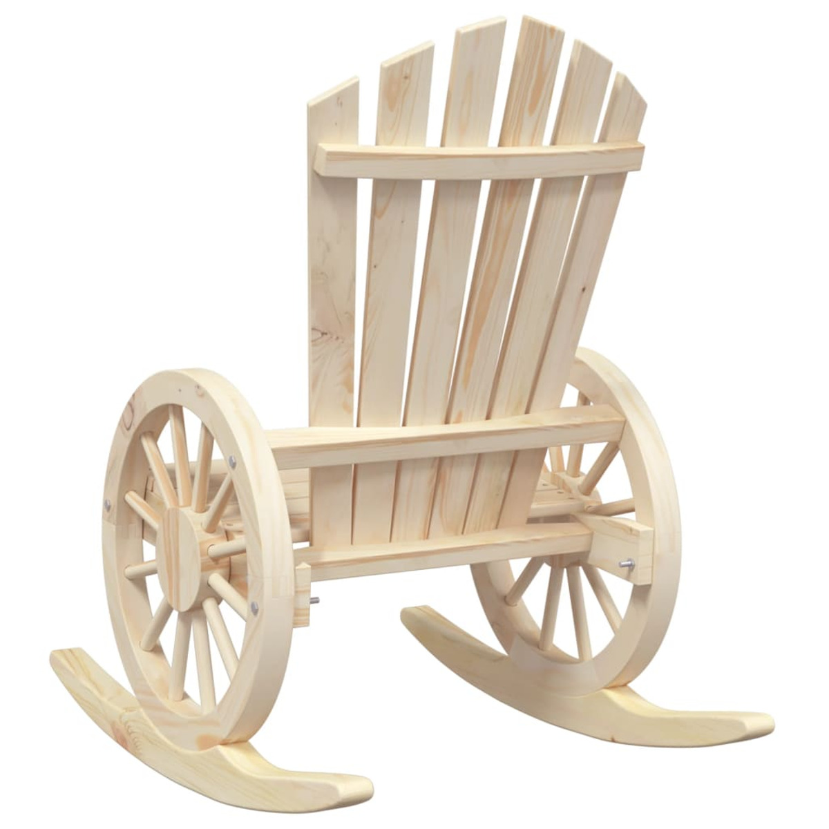 Schaukelstuhl aus Holz, Wagendesign. Helle Holzfarbe, geschwungene Kufen. Weißer Hintergrund.