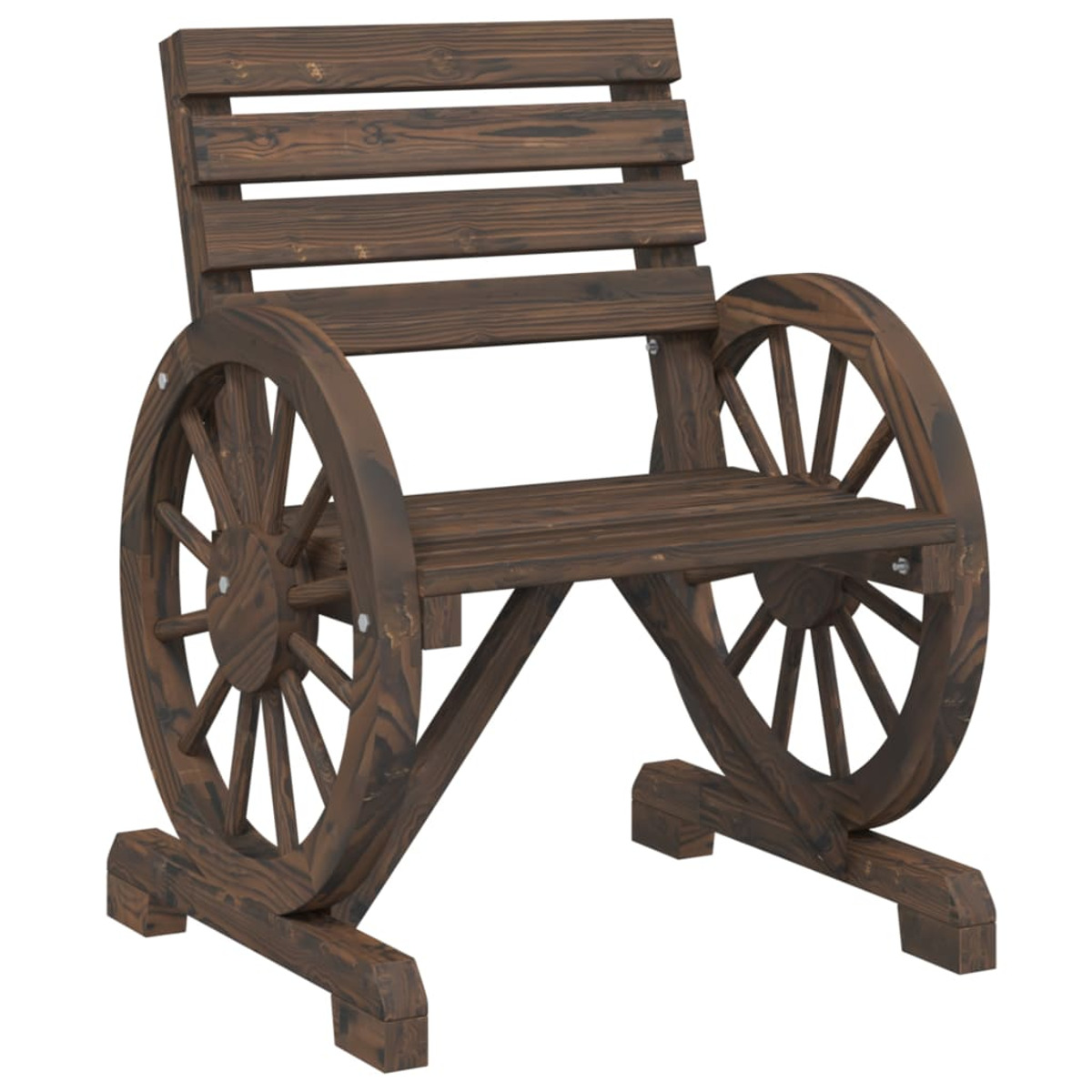 Holzstuhl mit Wagenradseiten, dunkelbraune Farbe.