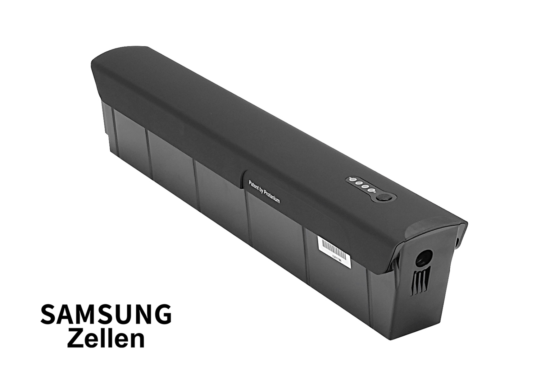 Schwarzer rechteckiger Akku mit dem Logo "Samsung Zellen" auf weißem Hintergrund.