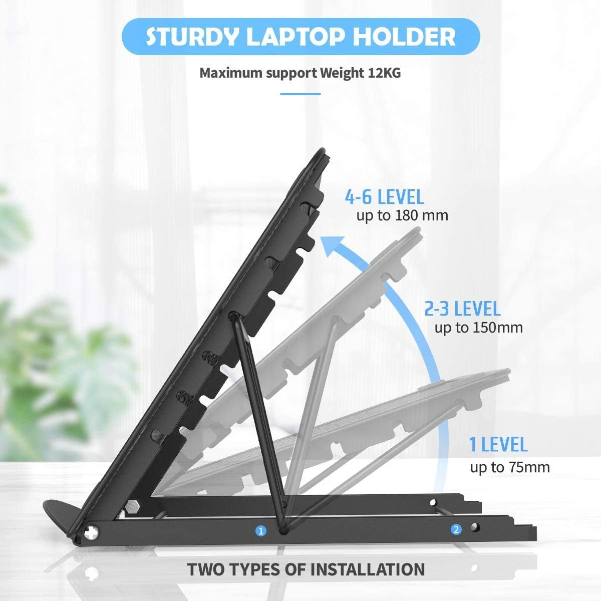 Schwarzer Laptopständer in verschiedenen Positionen, der einen Laptop unterstützt. Text: 'Stabiler Laptop-Halter', 'Zwei Arten der Installation'.