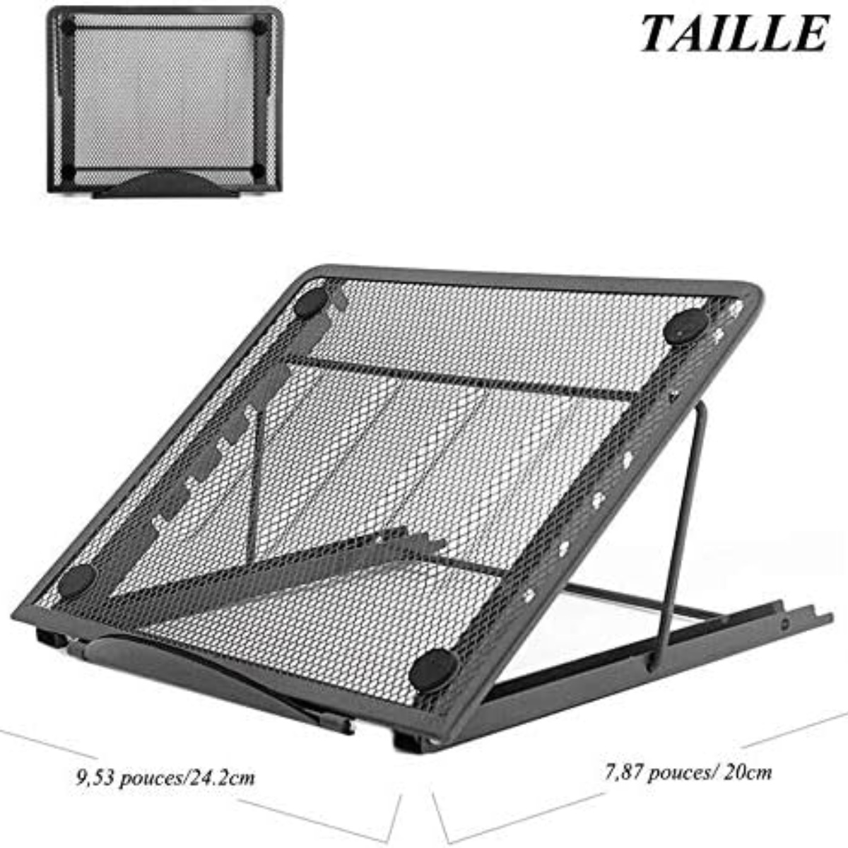 Schwarzer Laptop-Ständer. Er besteht aus einem Metallgitter. Maße sind auf dem Bild.
