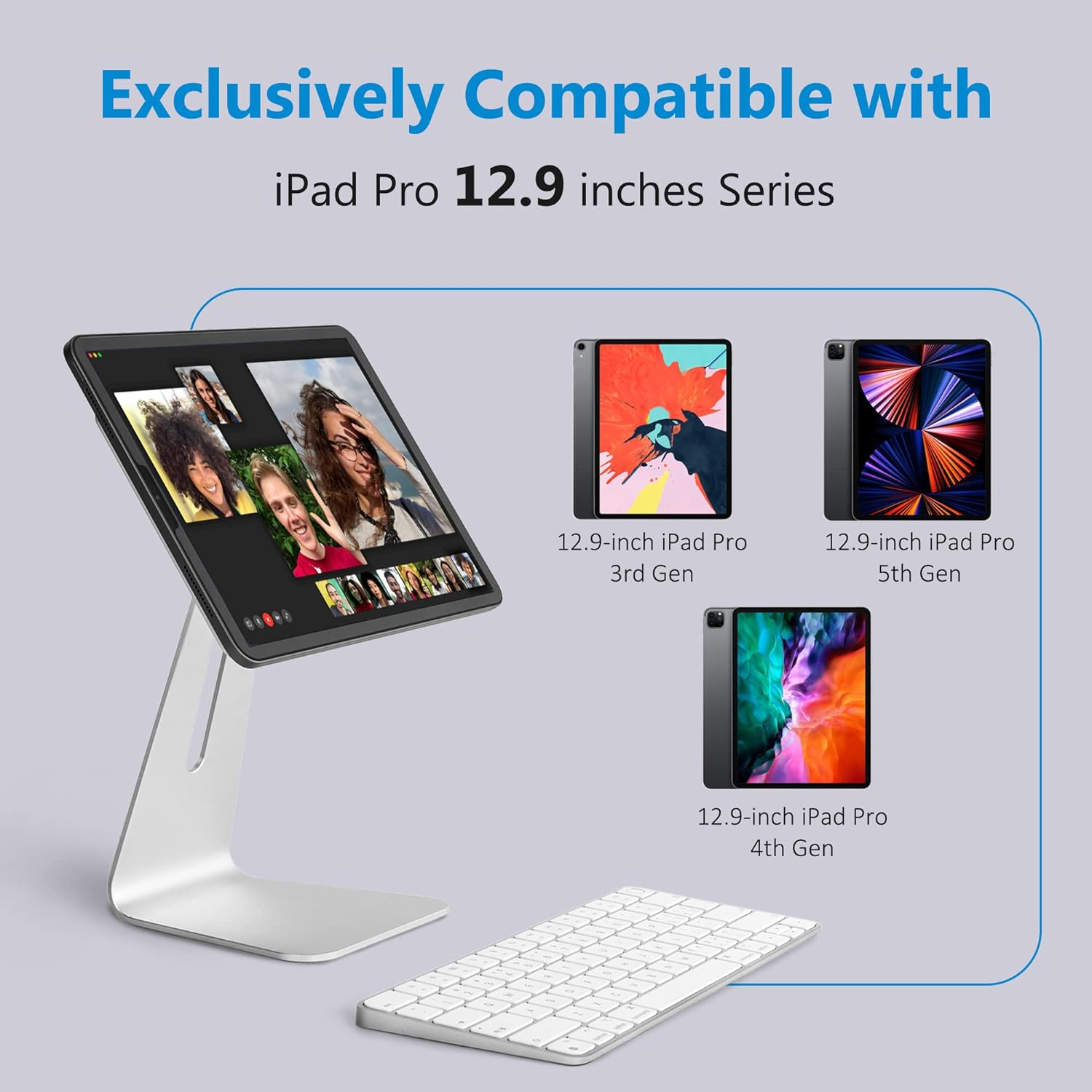 Tabletständer mit iPad und Tastatur. Verschiedene iPad-Modelle werden angezeigt. Weißer Hintergrund.