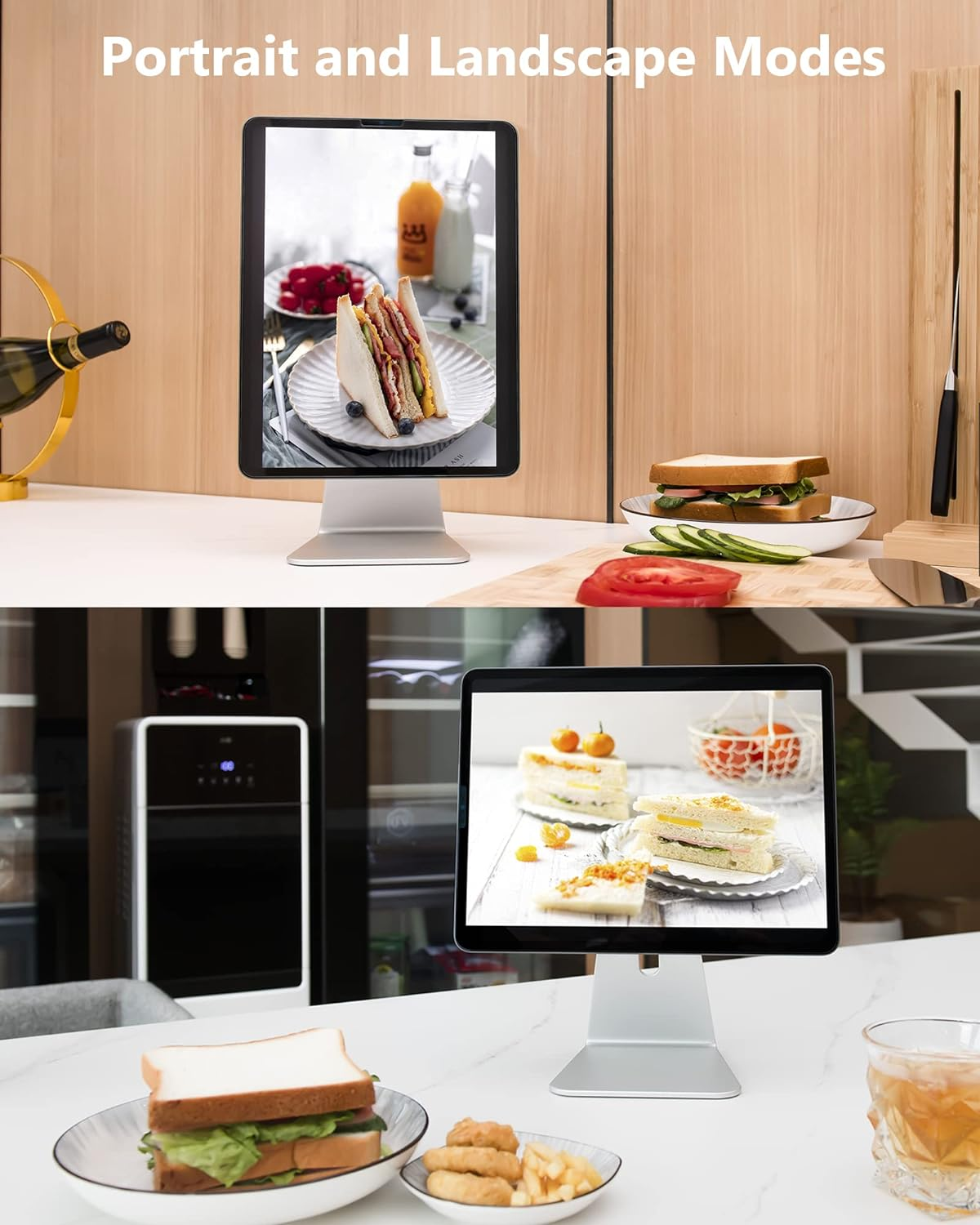 Tablettenständer mit einem Tablet, das Sandwichbilder anzeigt. Es zeigt Hoch- und Querformate.
