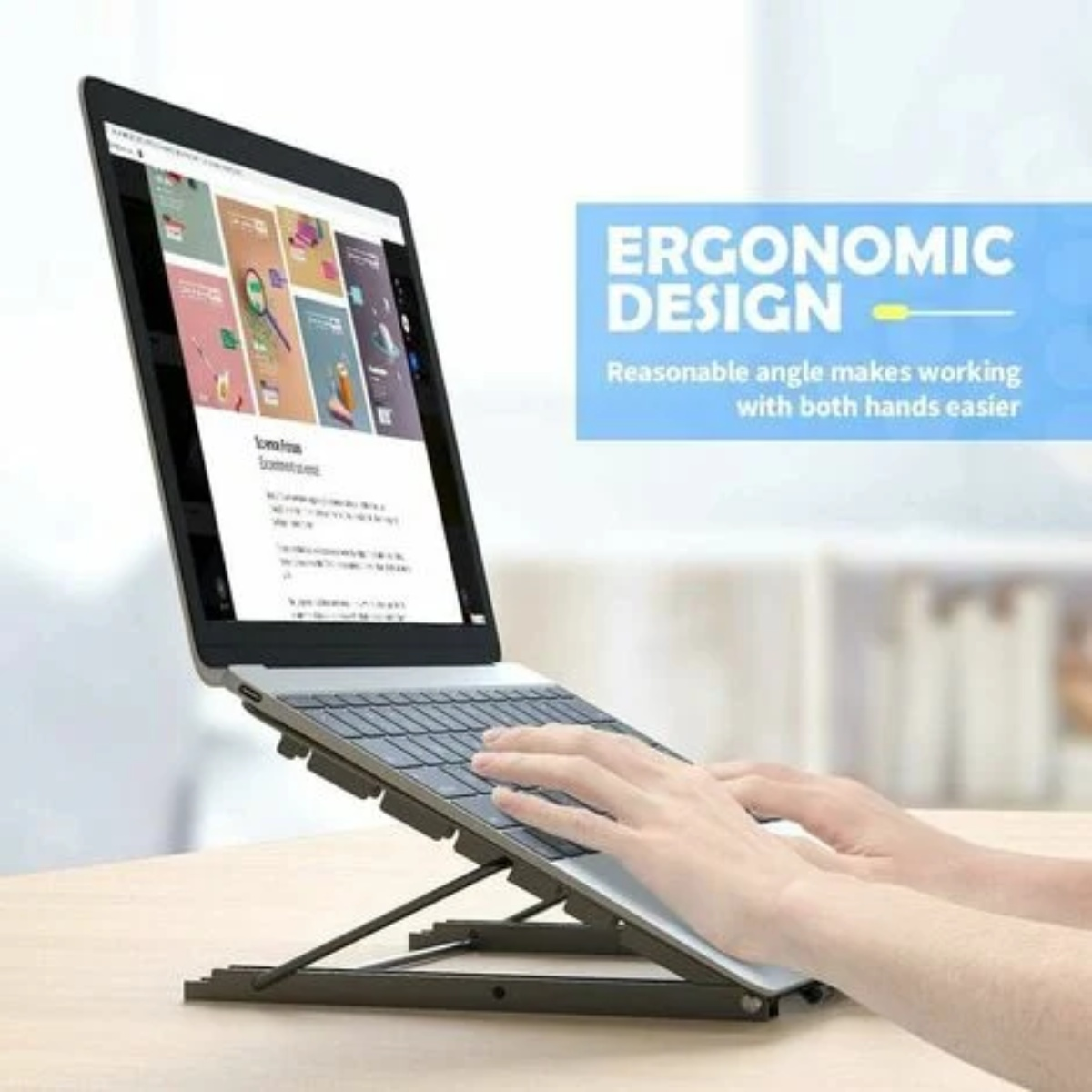Laptop auf einem Ständer mit ergonomischem Design, der einen besseren Arbeitswinkel demonstriert.