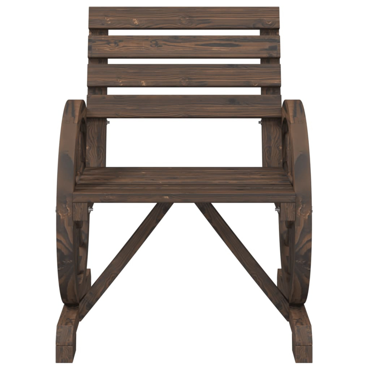Holzstuhl mit dunkler Oberfläche, Lattenrücken und abgerundeten Seitenstützen.