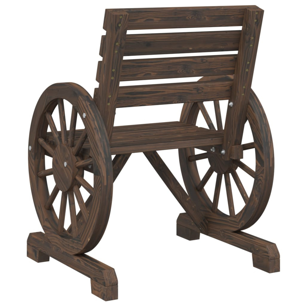 Holzstuhl mit Wagenrad-Design. Der Stuhl ist dunkelbraun und die Rückenlehne ist mit Lamellen versehen.