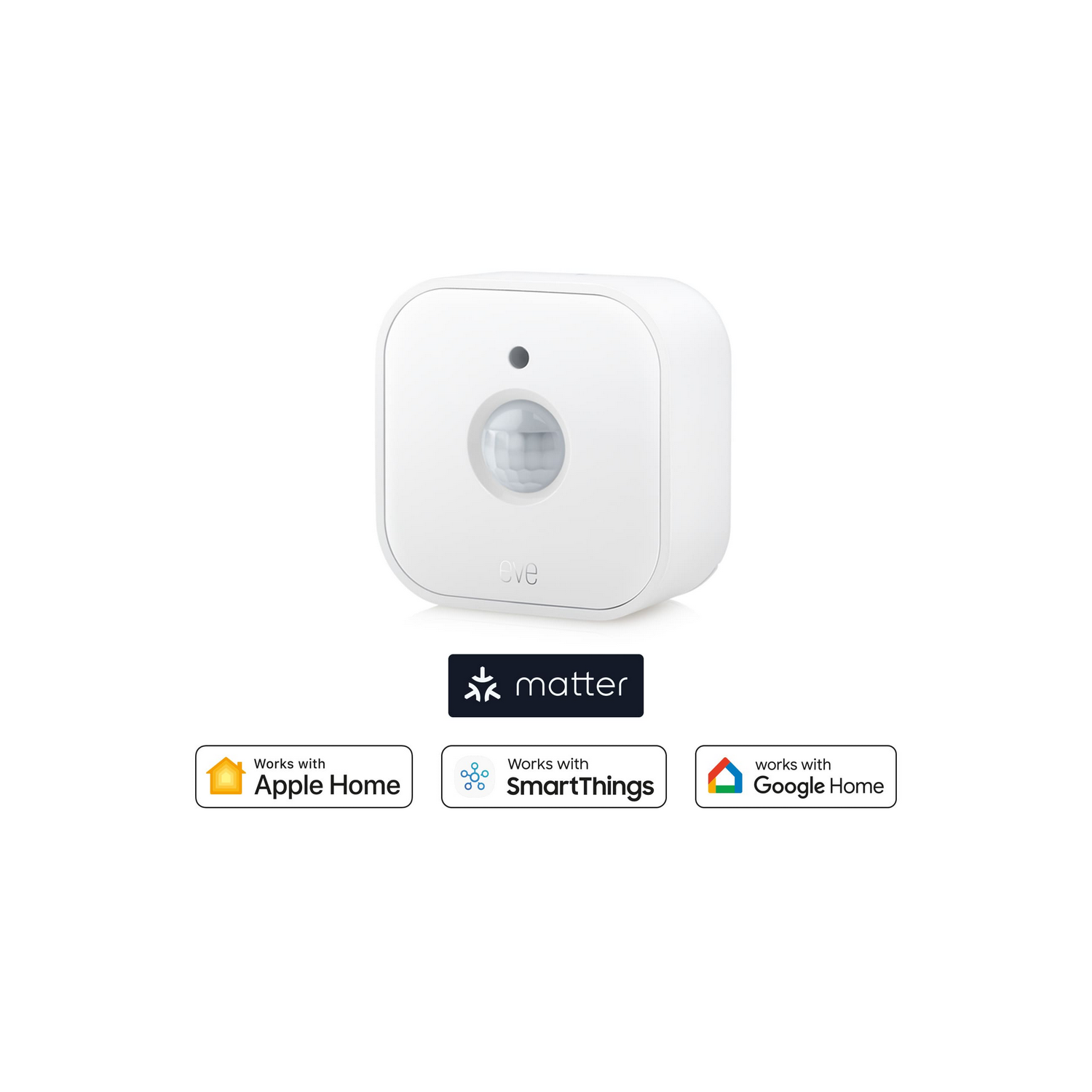 Białe kwadratowe urządzenie z obiektywem i logo Matter. Współpracuje z Apple, SmartThings i Google Home.
