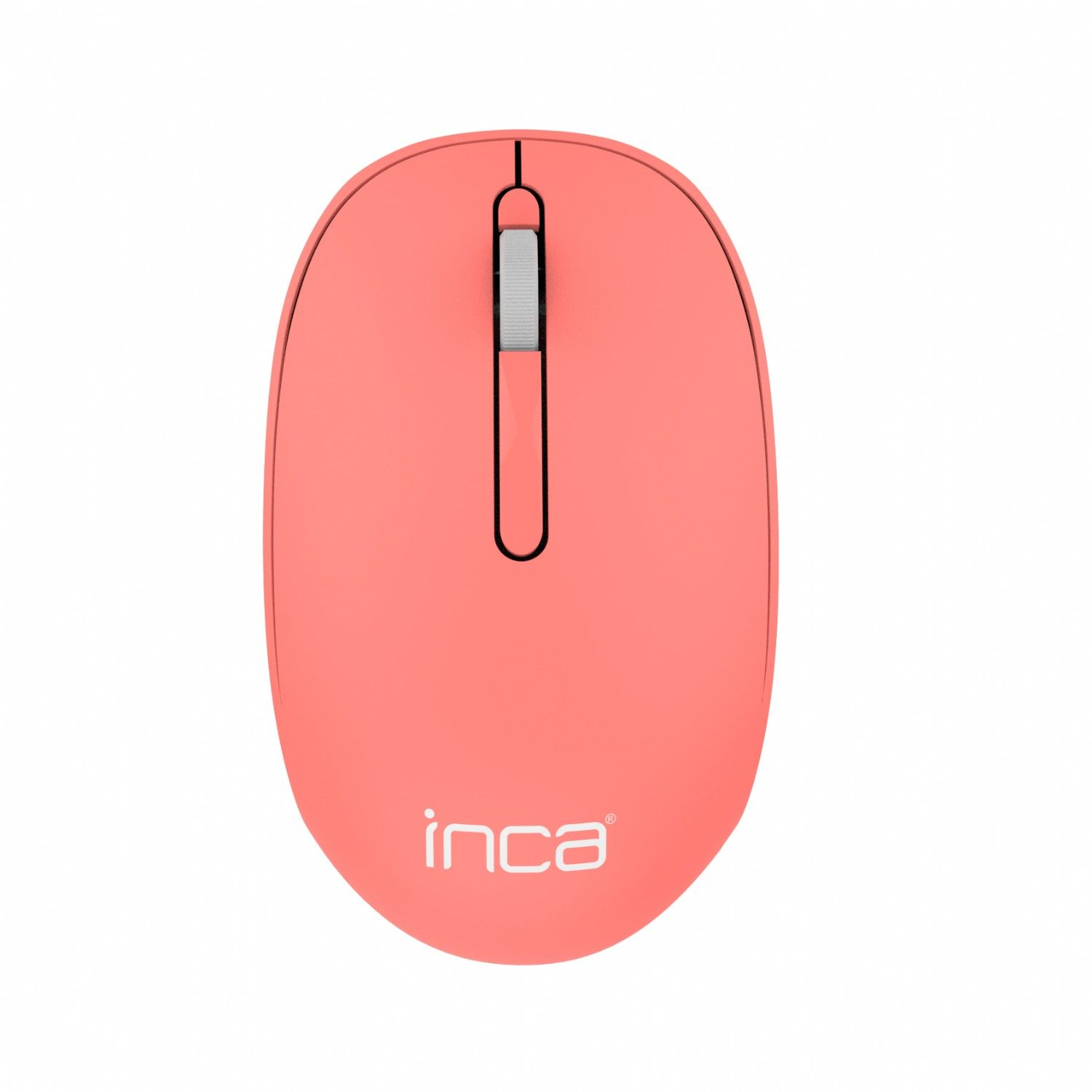 Koraalroze computermuis met scrollwiel en merknaam 'inca'.
