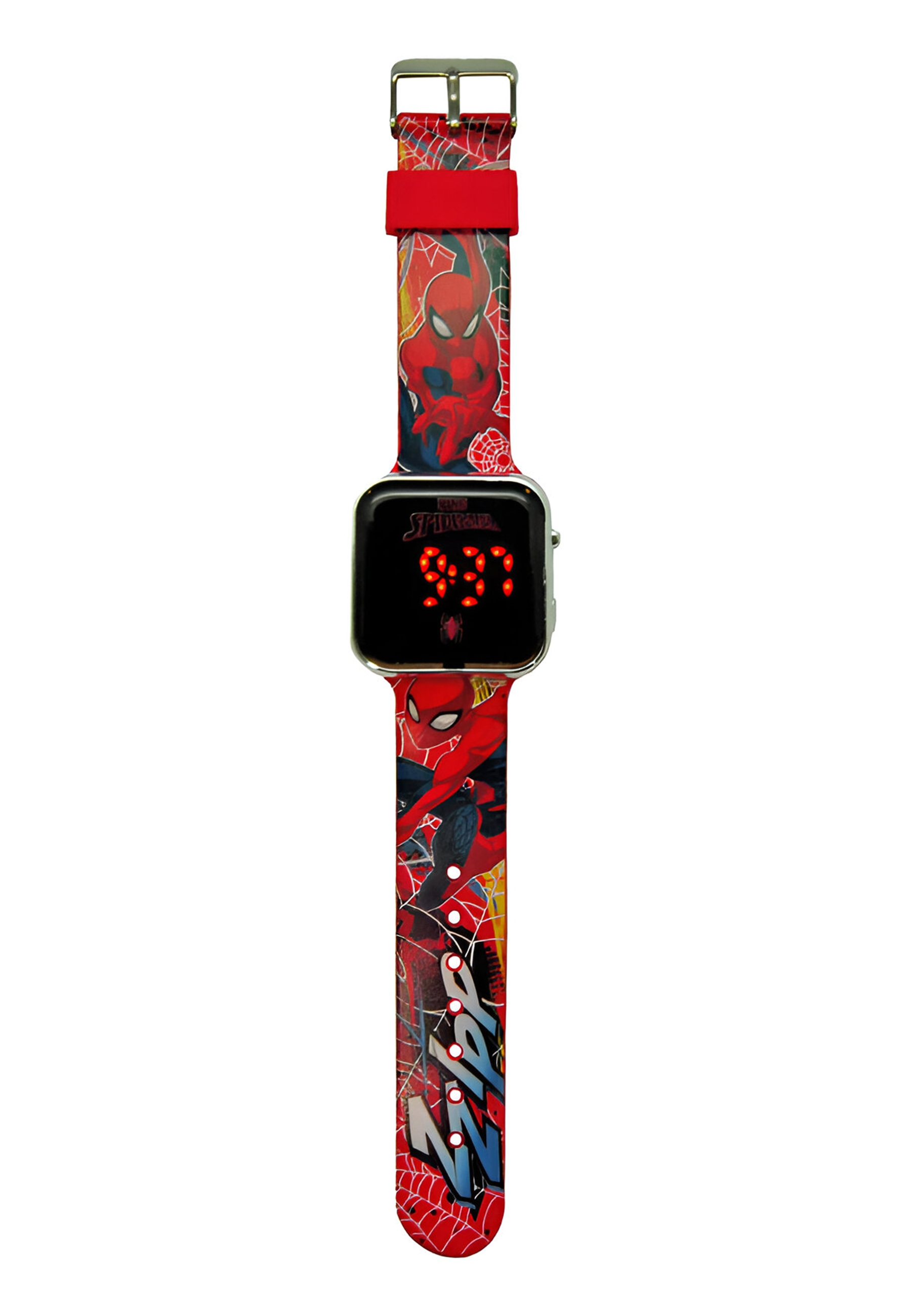 Uhr im Spider-Man-Design mit rotem Armband und digitaler Zeitanzeige.