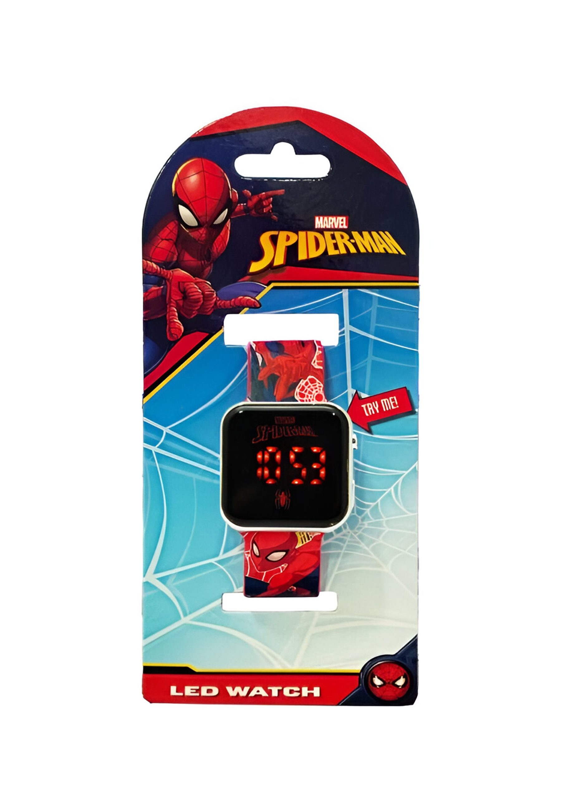 Eine Spiderman LED-Uhr auf einer Blisterkarte, mit rotem und schwarzem Design und Digitalanzeige.