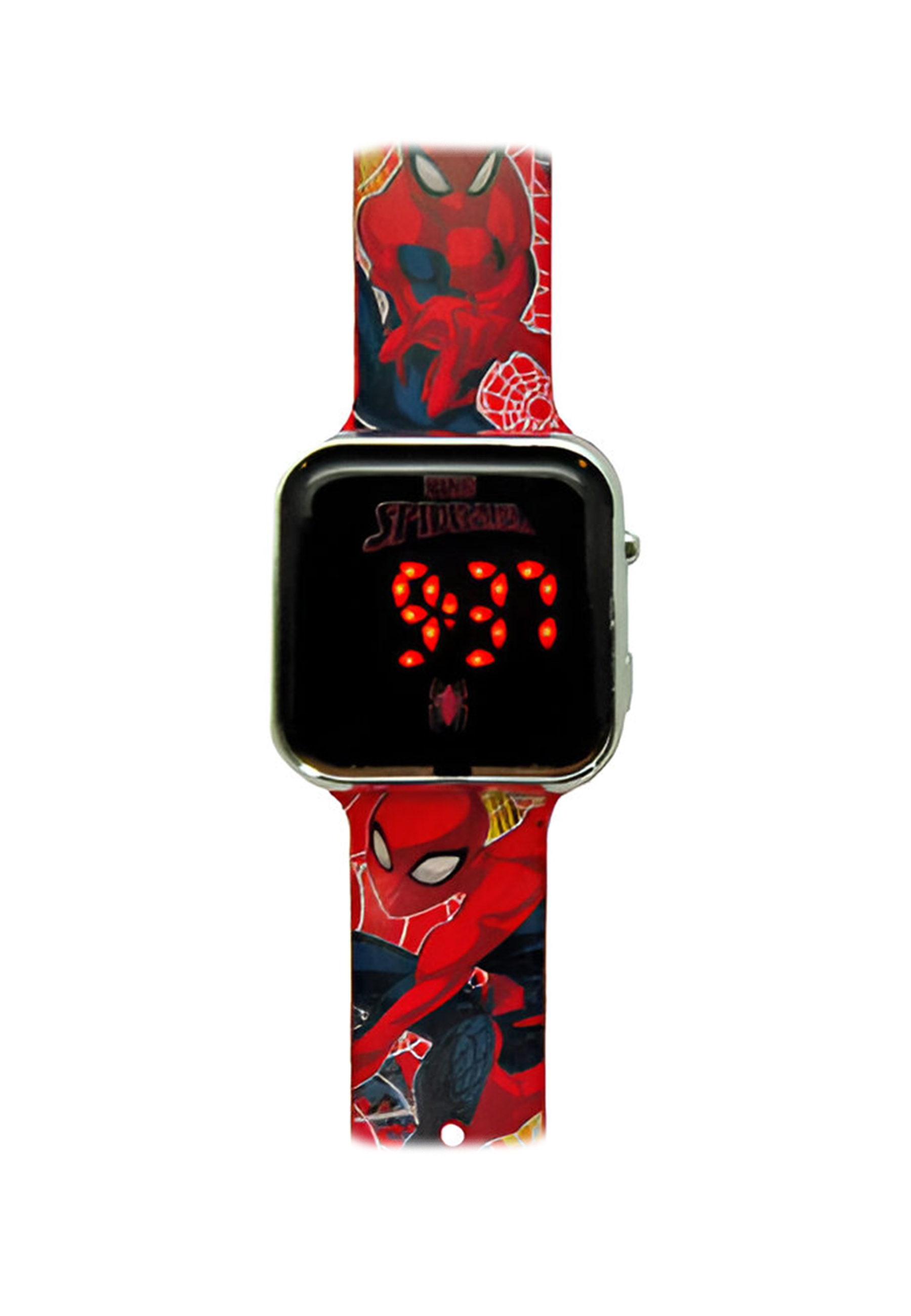 Spiderman-Uhr. Das Zifferblatt zeigt die Uhrzeit. Das Band hat Spiderman-Grafiken.