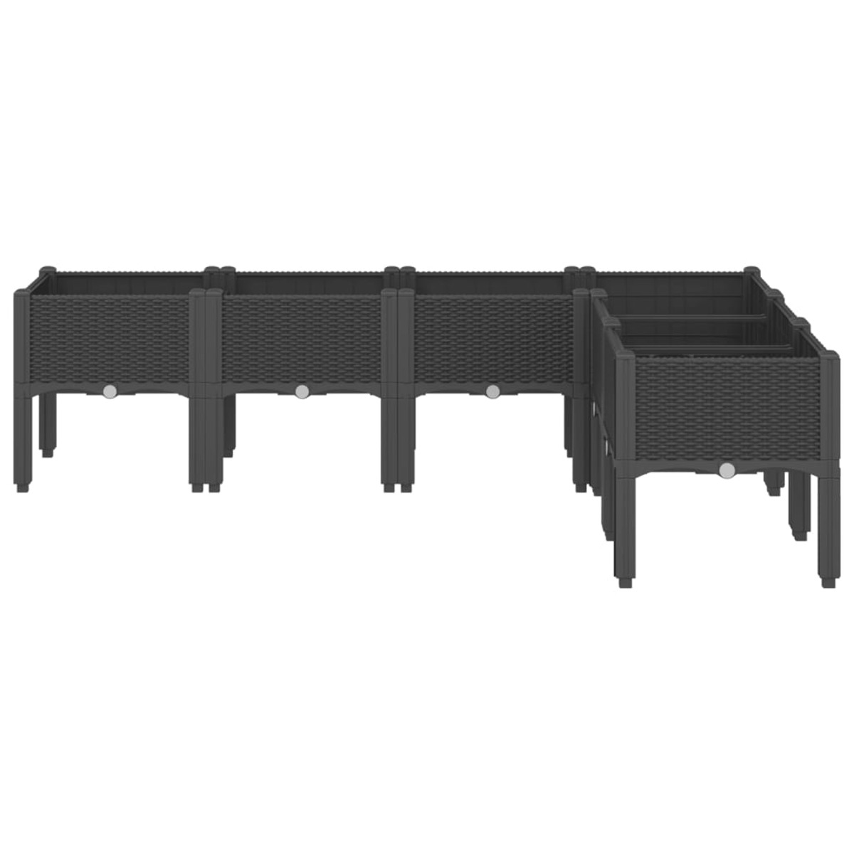 Dunkelgraues modulares Hochbeet, bestehend aus miteinander verbundenen rechteckigen Pflanzkästen.