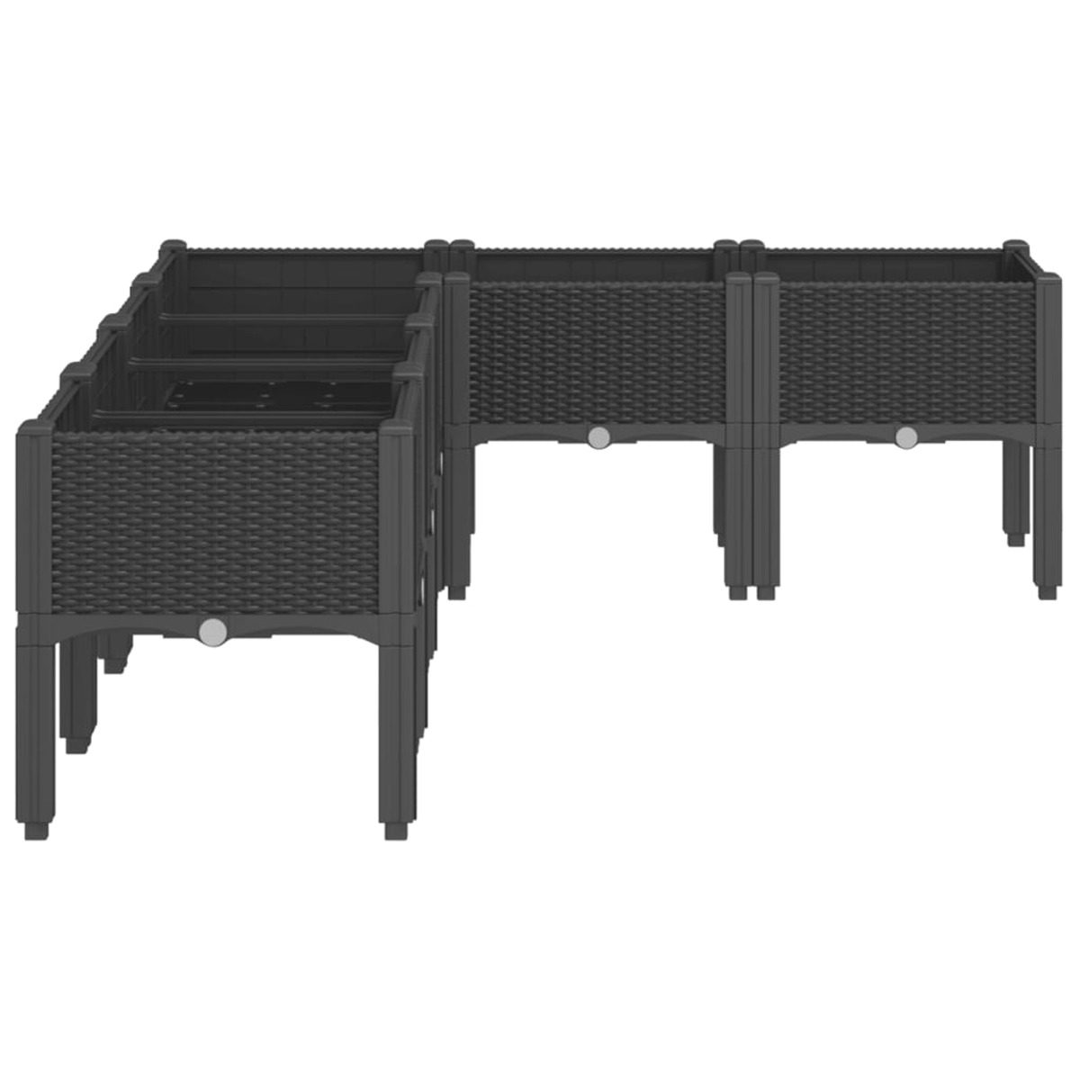 Modulares Hochbeet-System. Schwarz, mit mehreren verbundenen Abschnitten.