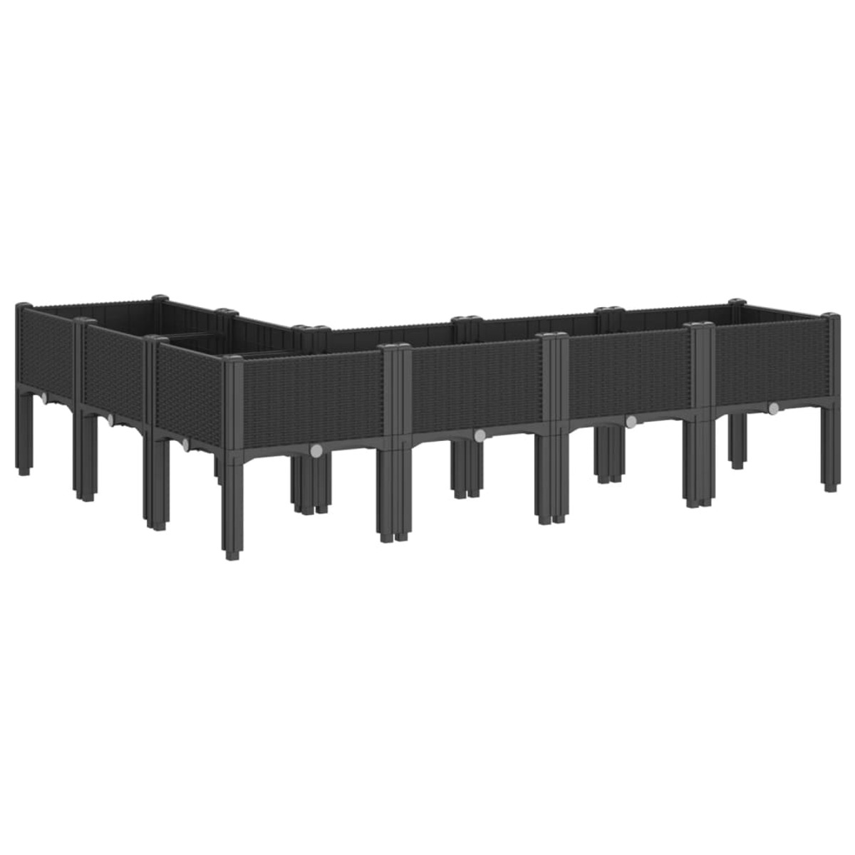 Schwarzes, langes, modulares Hochbeet. Es hat mehrere Abschnitte und Beine.