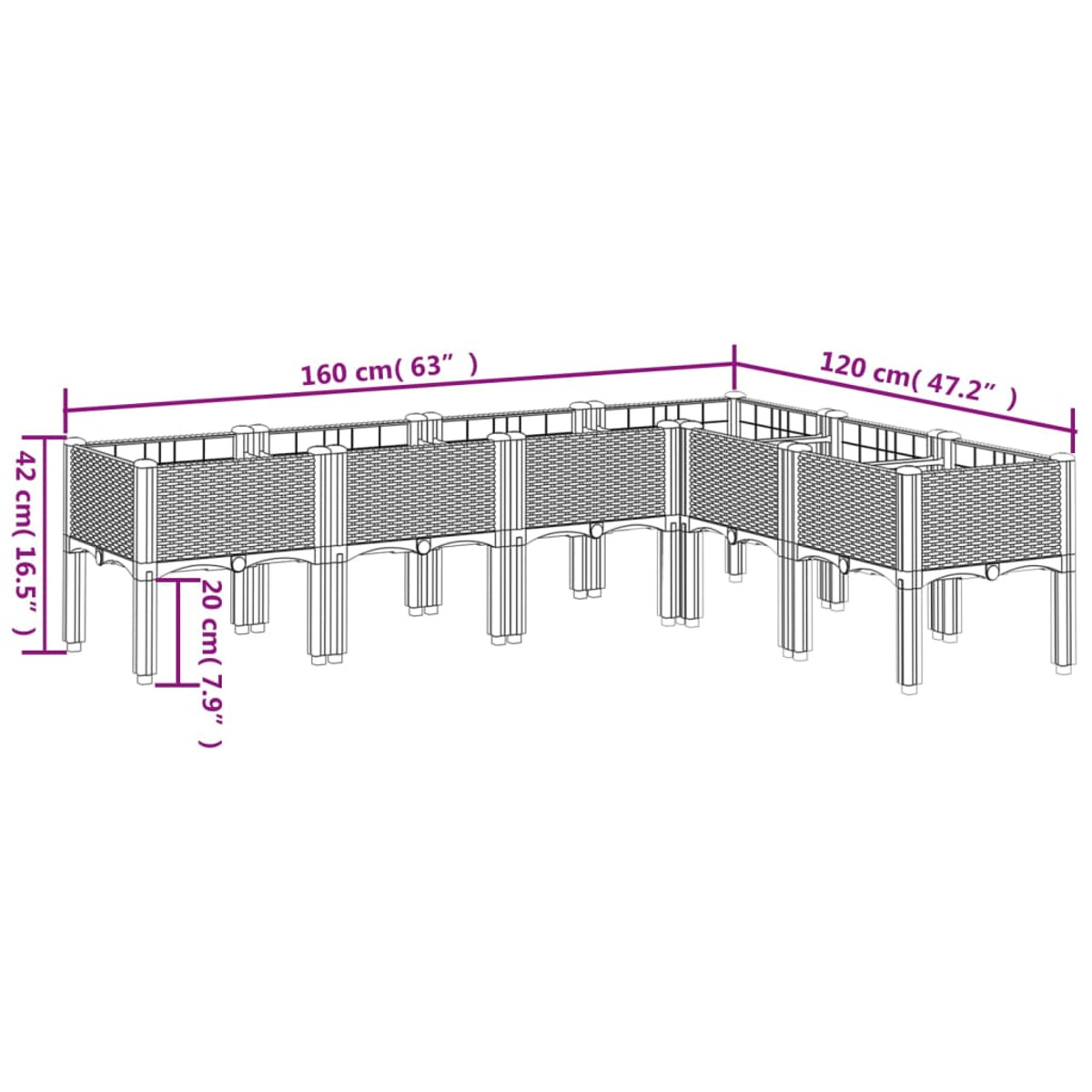 Rechteckiger Pflanzkübel im Korbstil, mehrere Abschnitte, Maße angegeben. Braun-Beige-Töne.