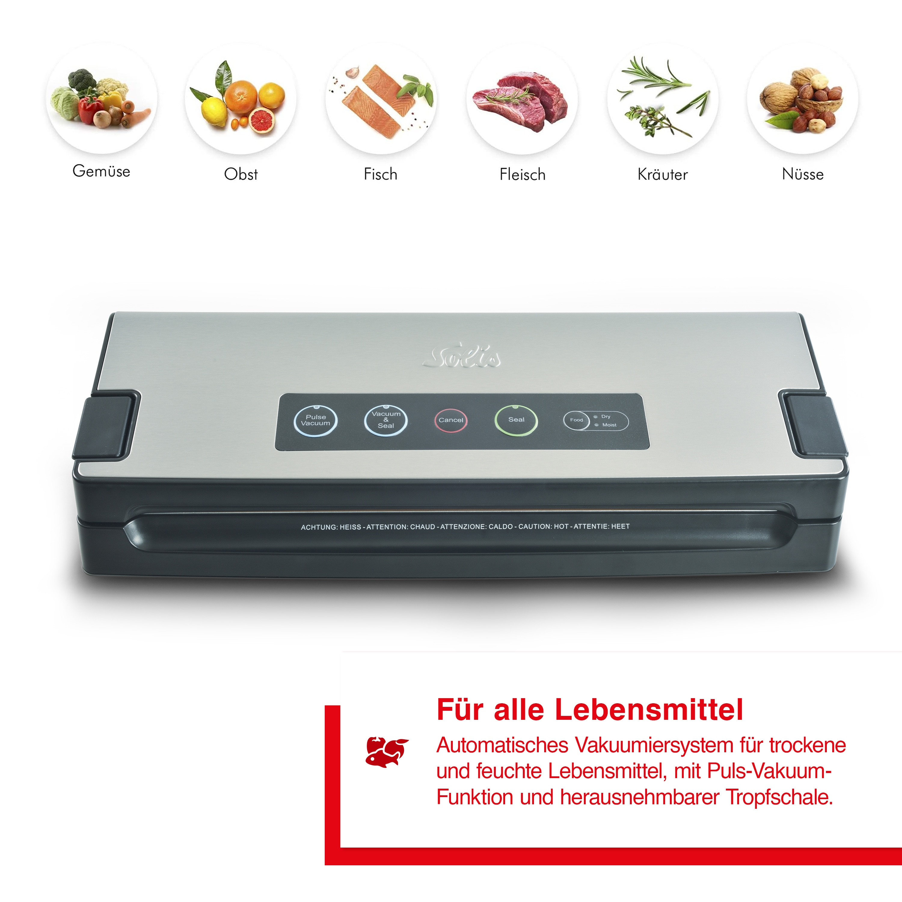 Ein silbernes und schwarzes Lebensmittel-Vakuumiergerät mit Lebensmitteln darum.