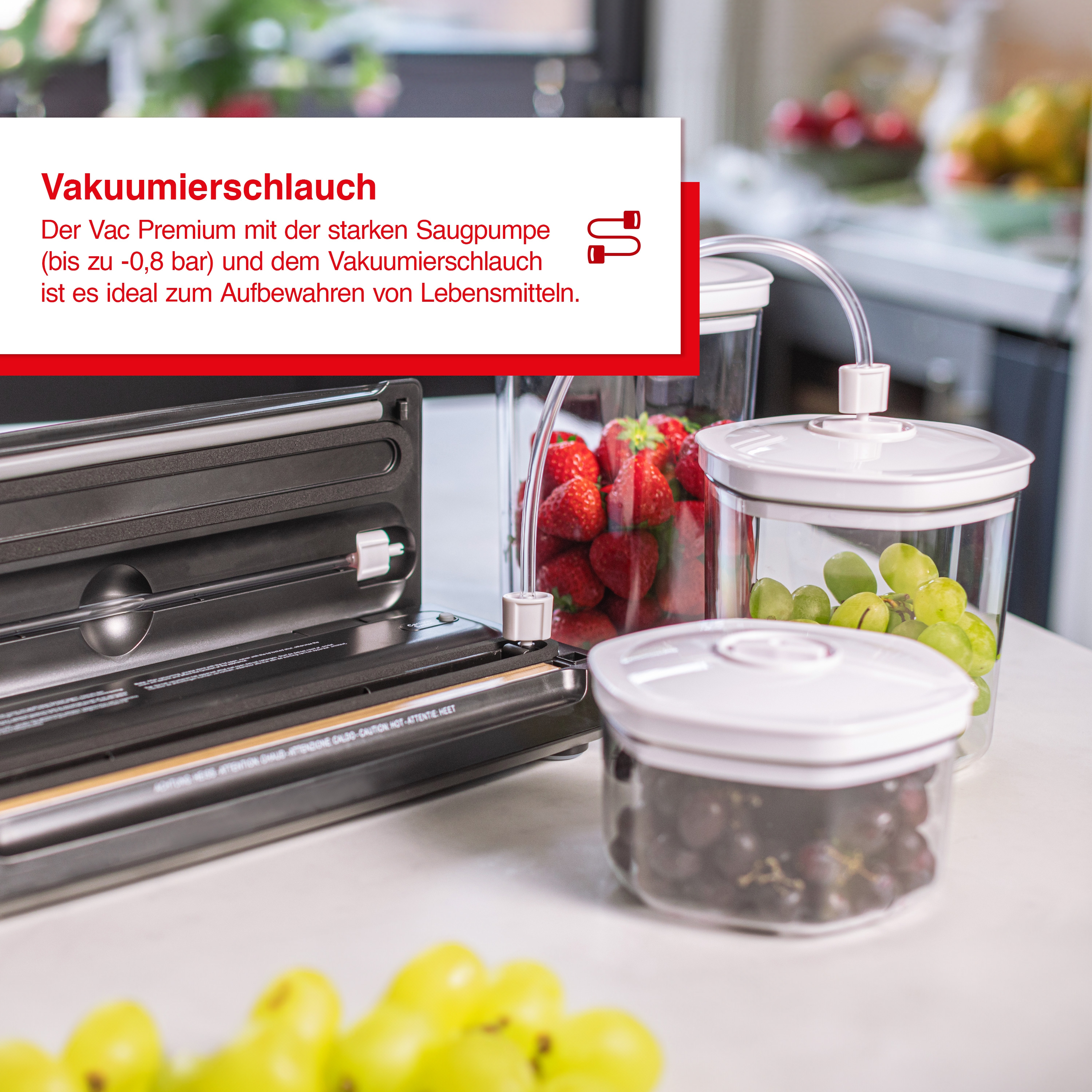 Vakuumiergerät mit Behältern mit Erdbeeren, Trauben und Text.