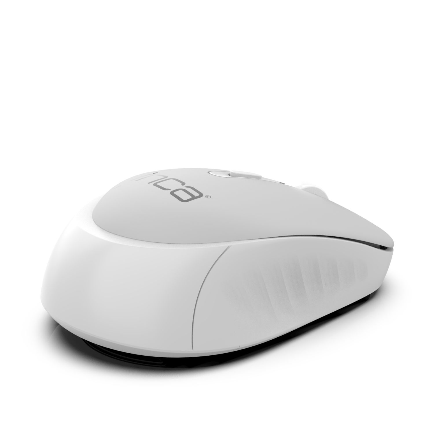 White computer mouse with a gray top and a scroll wheel. The mouse is on a white background.