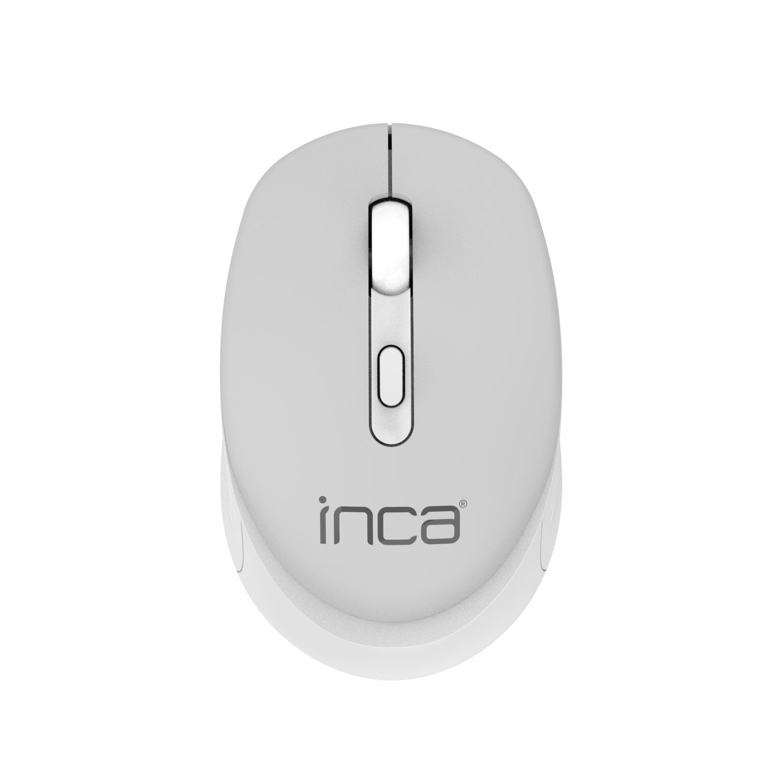Top view of a gray and white wireless mouse with the brand name Inca.