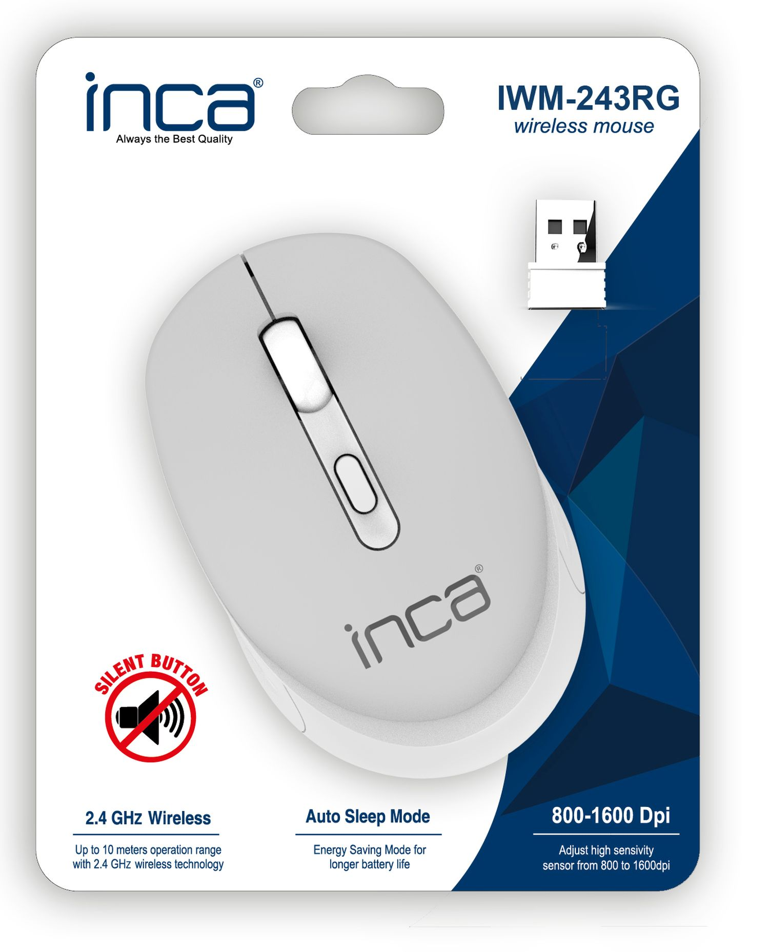 A wireless mouse with a packaging. It has a logo, a silent button, and a USB receiver.