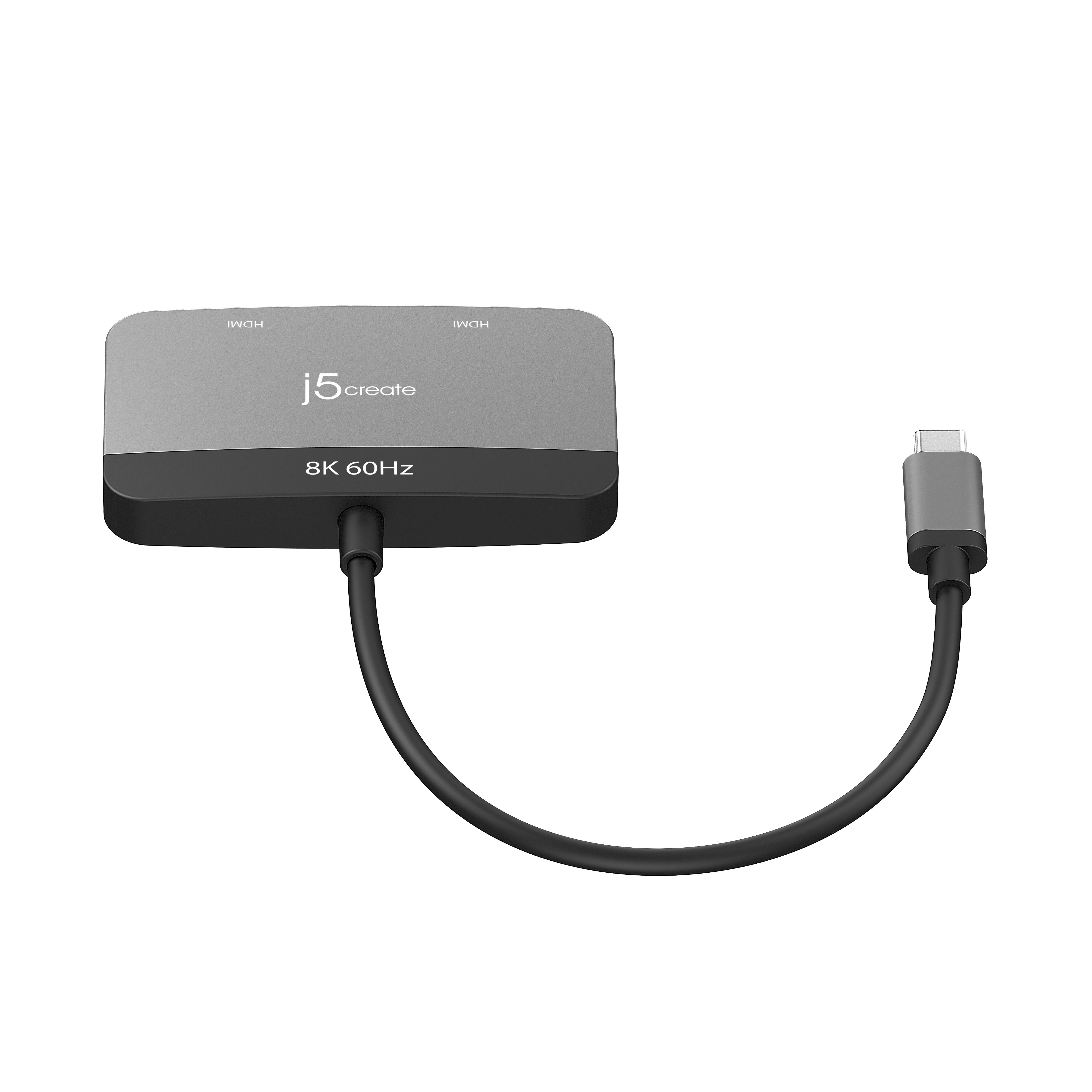 Ein grauer und schwarzer HDMI-Adapter mit USB-C-Kabel, isoliert auf Weiß.