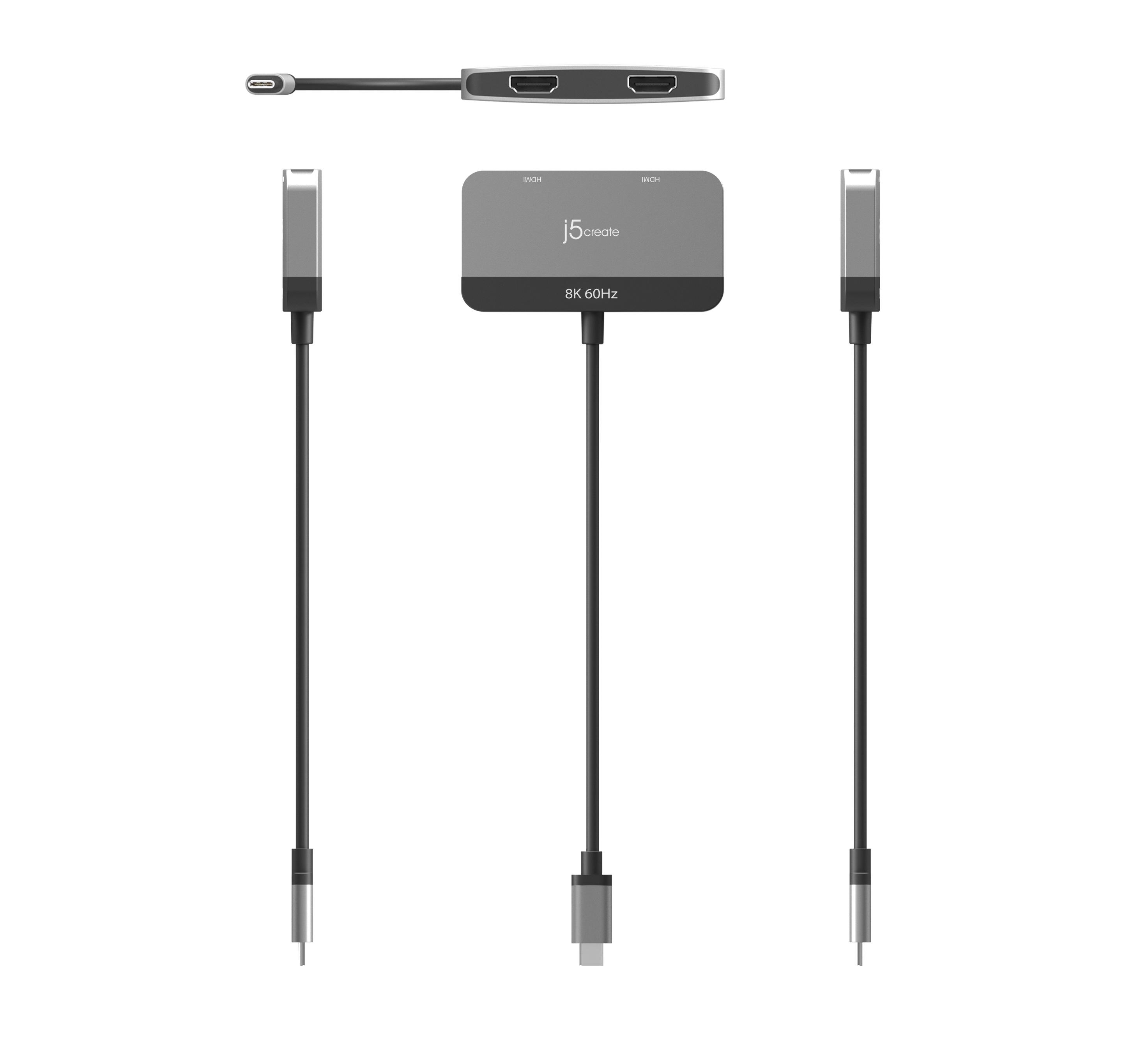 Silberner und grauer USB-C-Hub mit mehreren Anschlüssen. Isoliert auf Weiß. Top- und Seitenansicht.