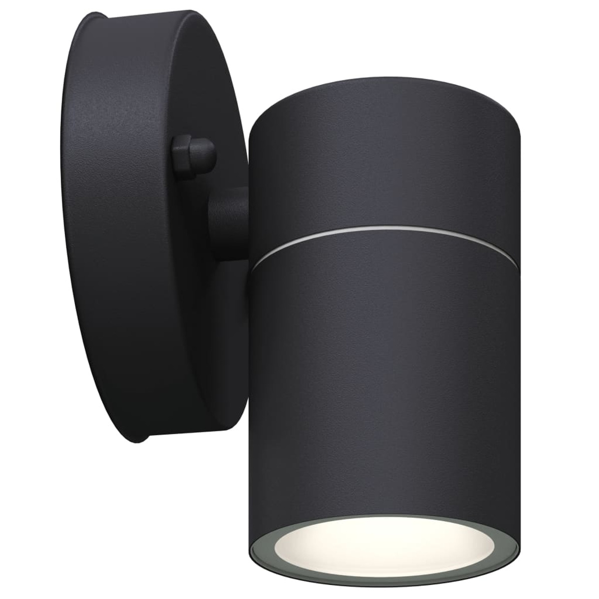 Eine schwarze, an der Wand montierte Leuchte mit zylindrischer Form, vor weißem Hintergrund.
