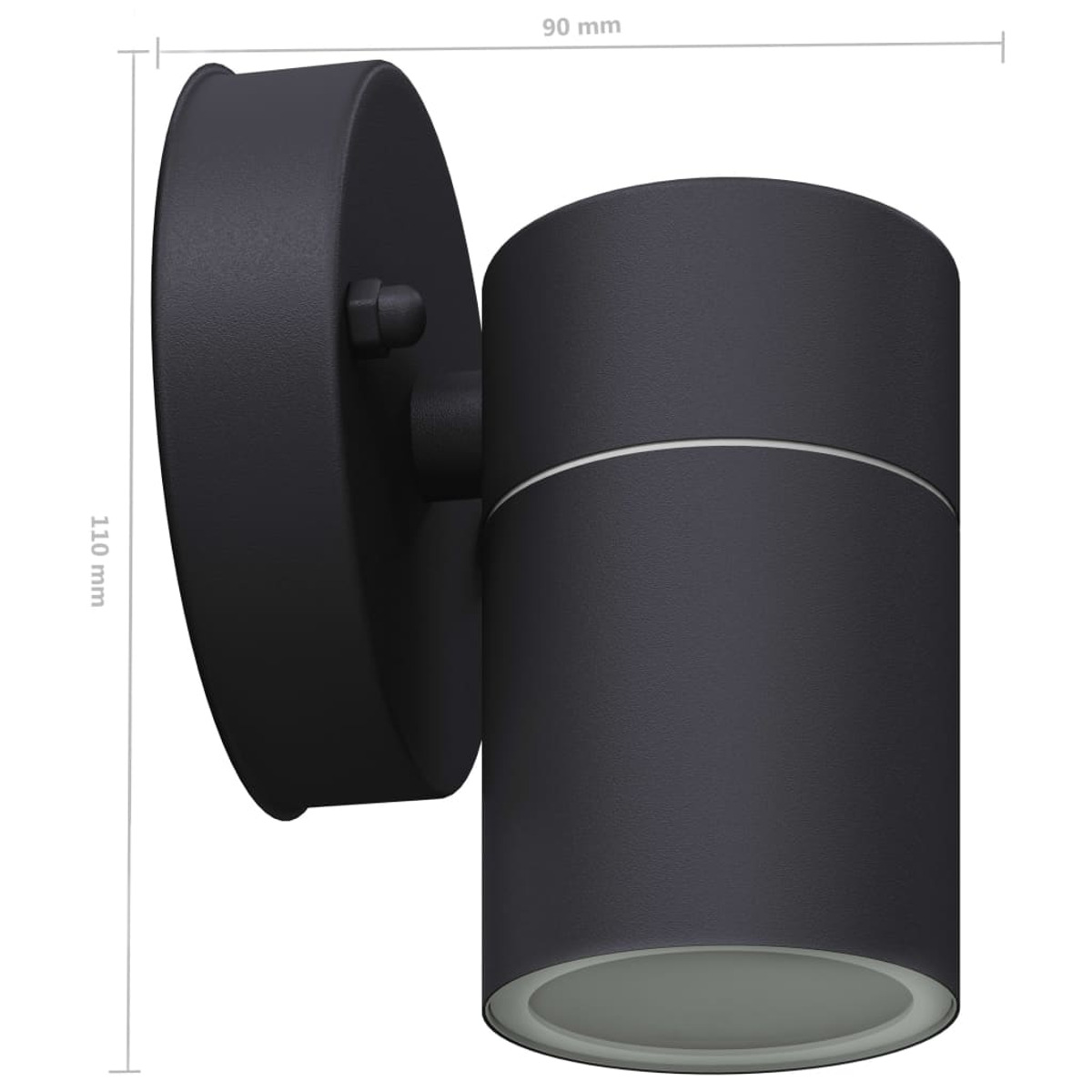 Schwarze zylindrische Wandleuchte. Sie hat einen kreisförmigen Sockel und eine Lichtquelle im Zylinder.