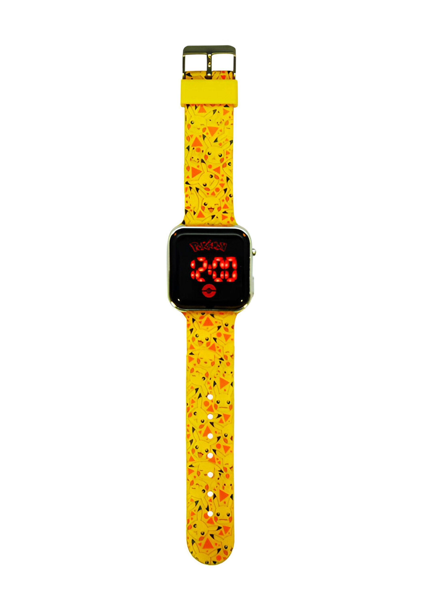 Orologio Pokémon giallo con design Pikachu. Lo schermo mostra le 12:00. Il cinturino è giallo con facce di Pikachu.