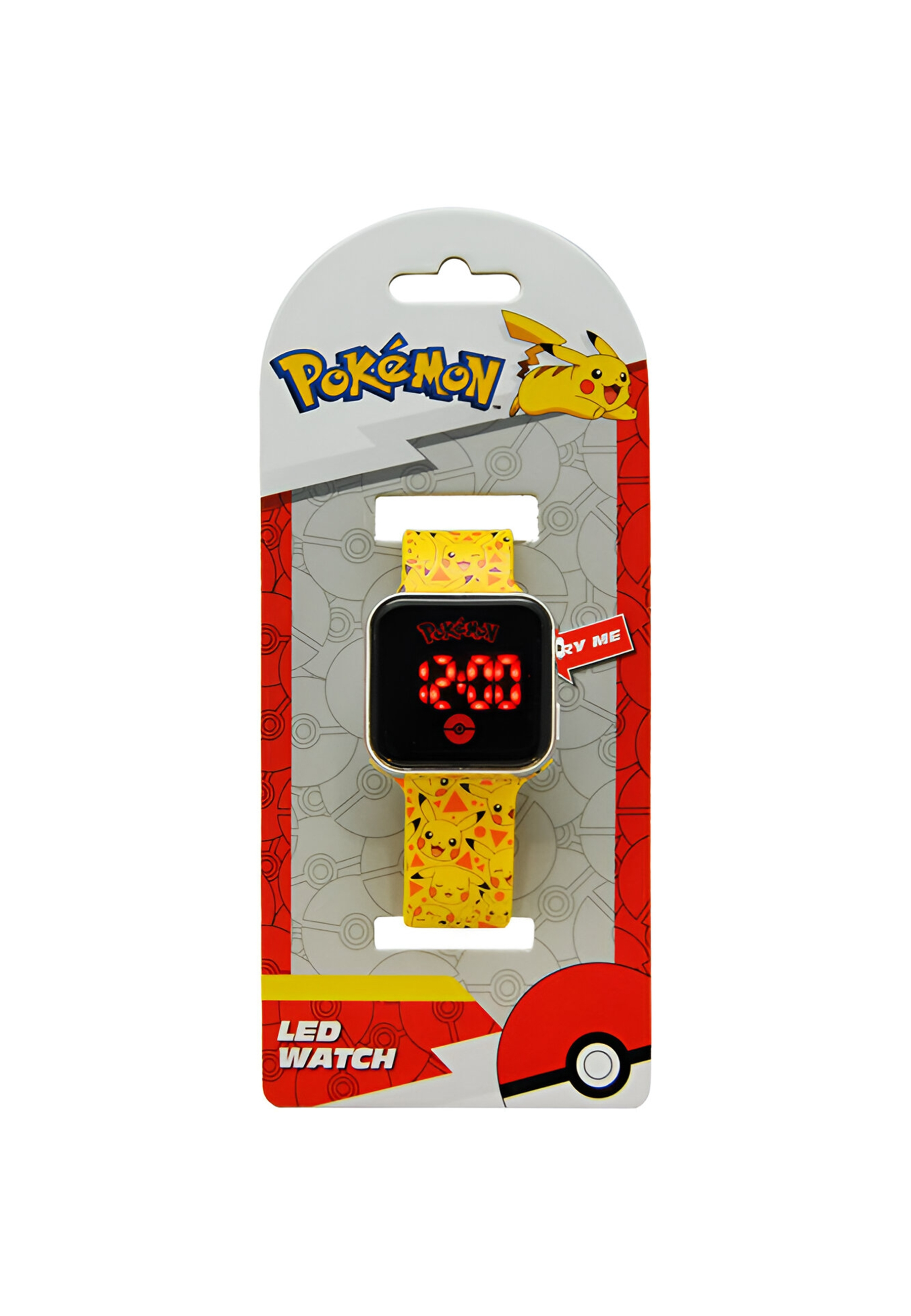Un orologio Pikachu in mostra. L'orologio mostra le 12:00. Il cinturino è giallo con illustrazioni di Pikachu.