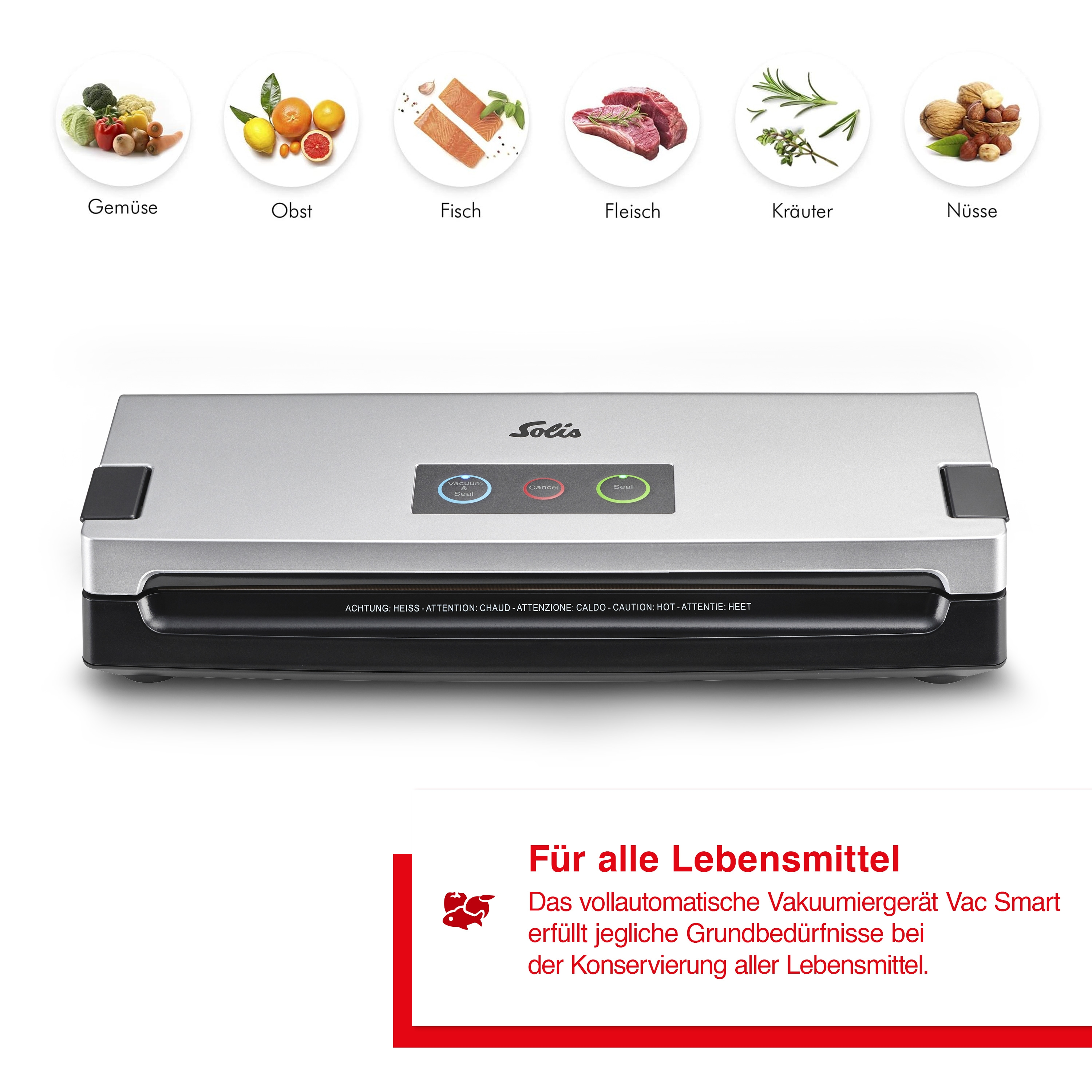 Ein Vakuumiergerät mit Essenssymbolen, Text und Produktbeschreibung auf weißem Hintergrund.