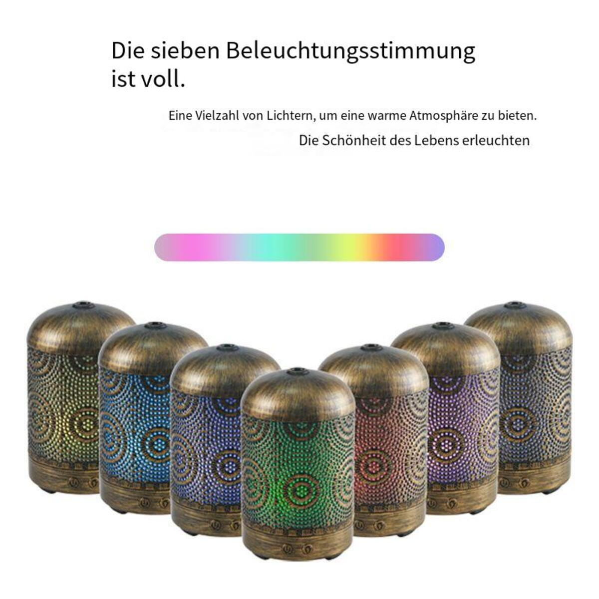 Sechs bronzefarbene Aroma-Diffusoren mit farbigen Lichtern und ein Regenbogenlicht darüber.