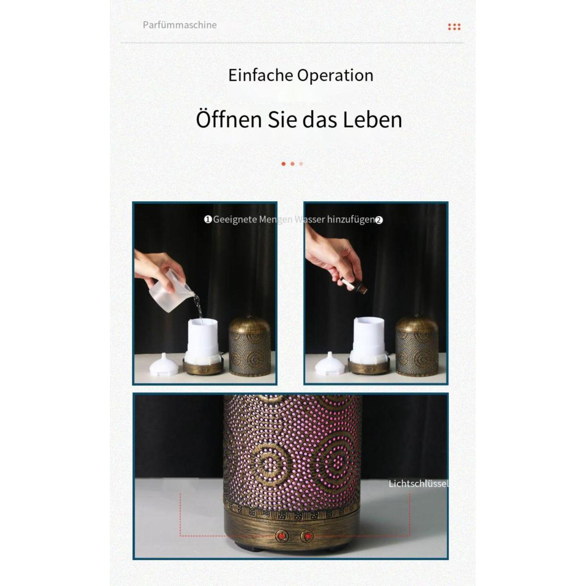 Bild zeigt Gerät mit Anweisungen zum Hinzufügen von Wasser und ätherischem Öl. Das Gerät ist dekorativ.