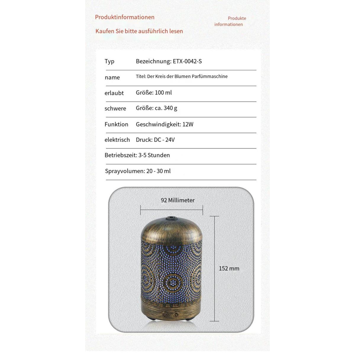 Aromadiffusor mit Informationstext. Blaues und goldenes Design. Weißer Hintergrund.