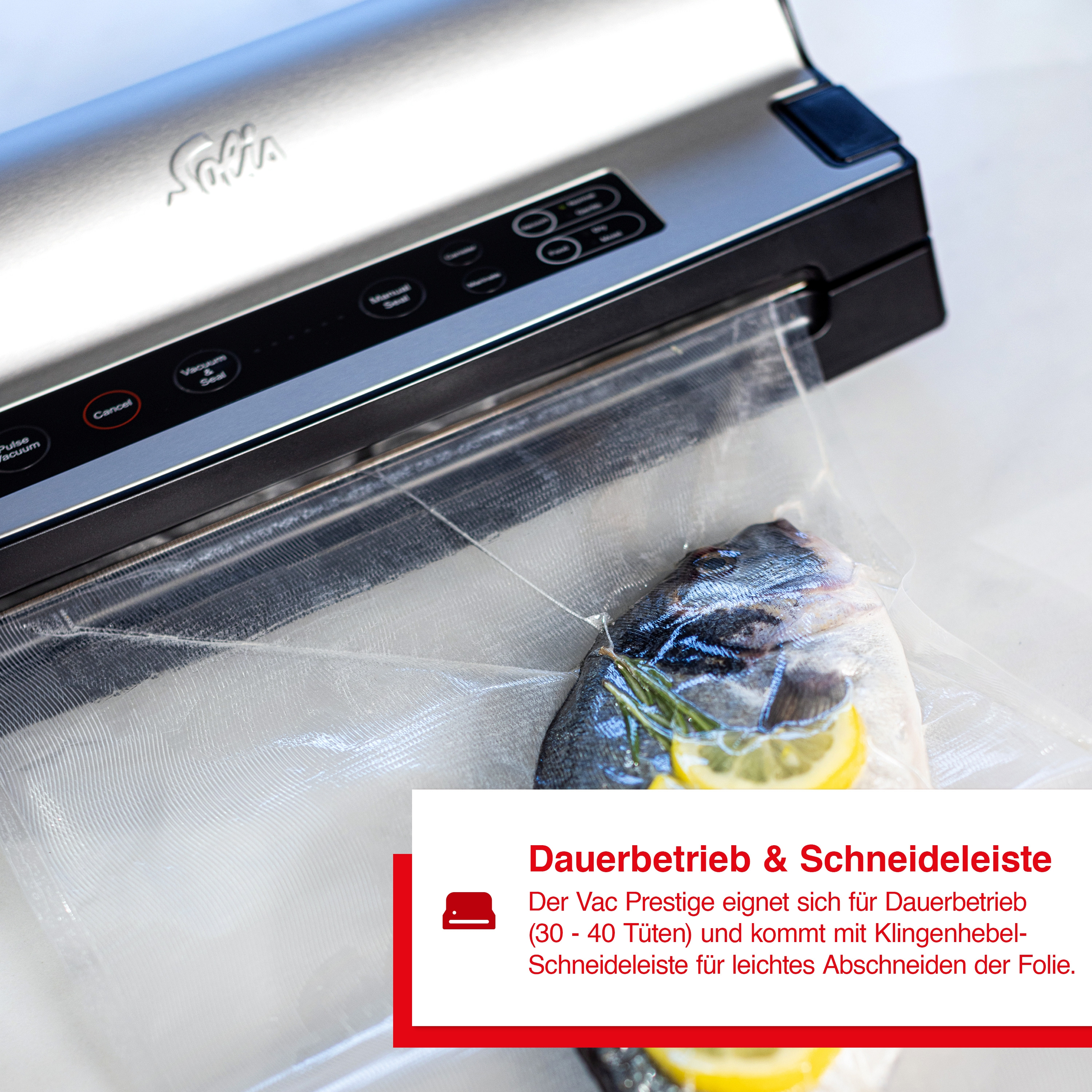 Vakuumiergerät, das einen Fisch in einer Plastiktüte verschließt.