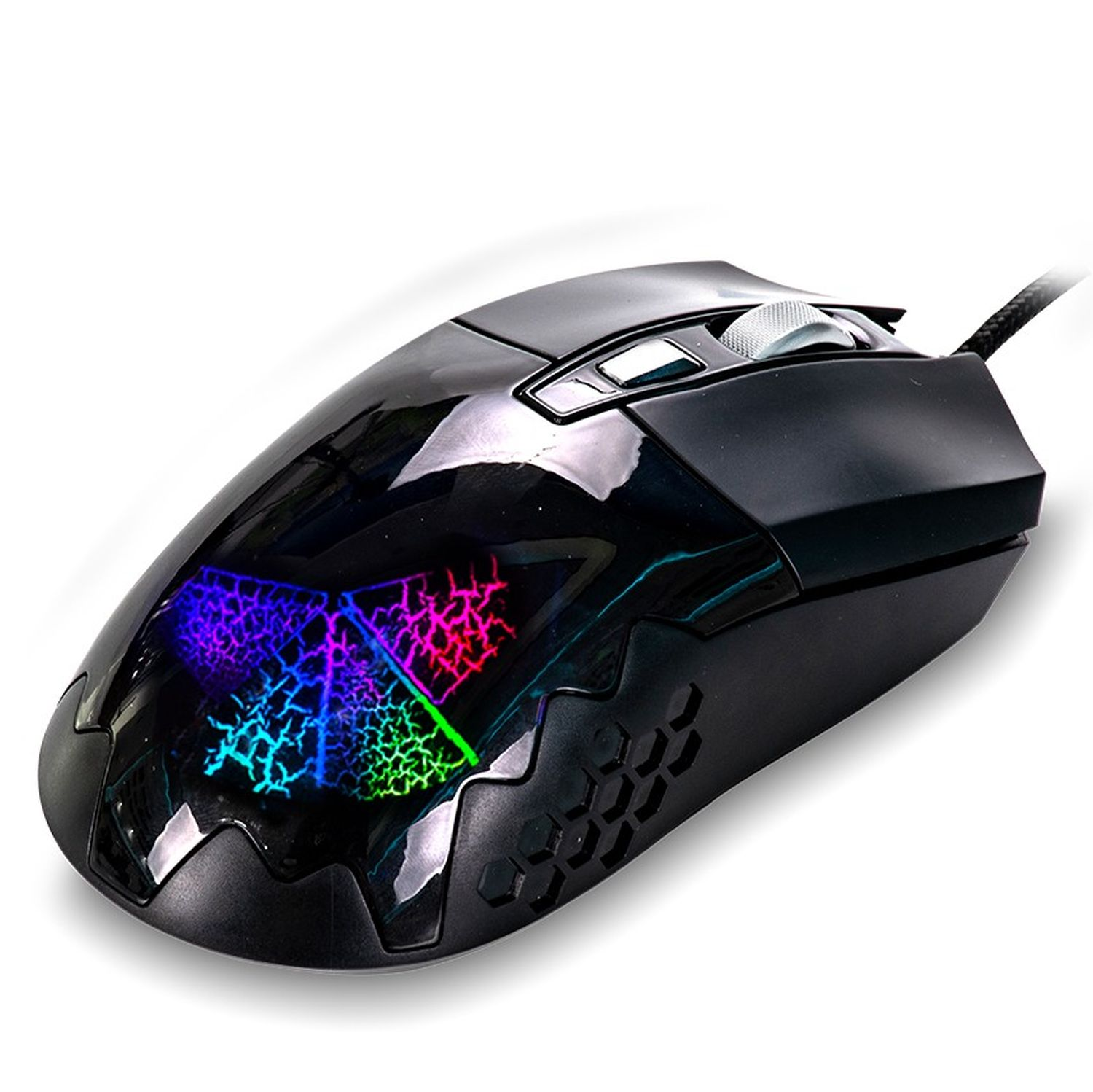 Eine schwarze Gaming-Maus mit bunten LED-Leuchten, auf weißem Hintergrund.