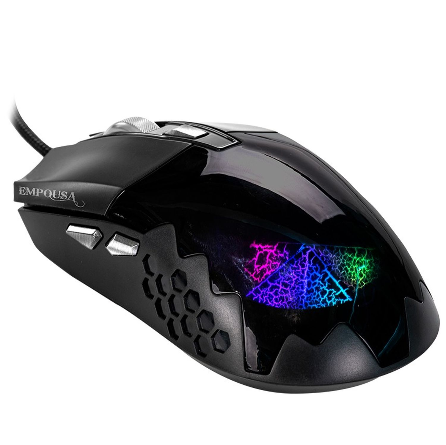Schwarze Gaming-Maus mit bunten LED-Lichtern und Seitentasten.